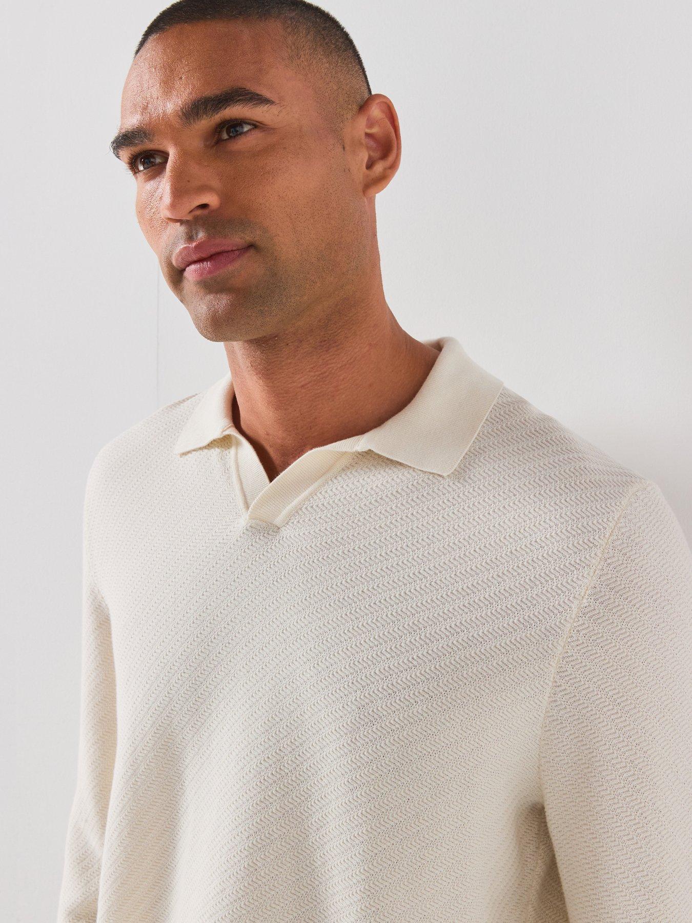 Image 6 of 6 of BOSS Open Neck Long Sleeve Knitted Polo Shirt - Open White