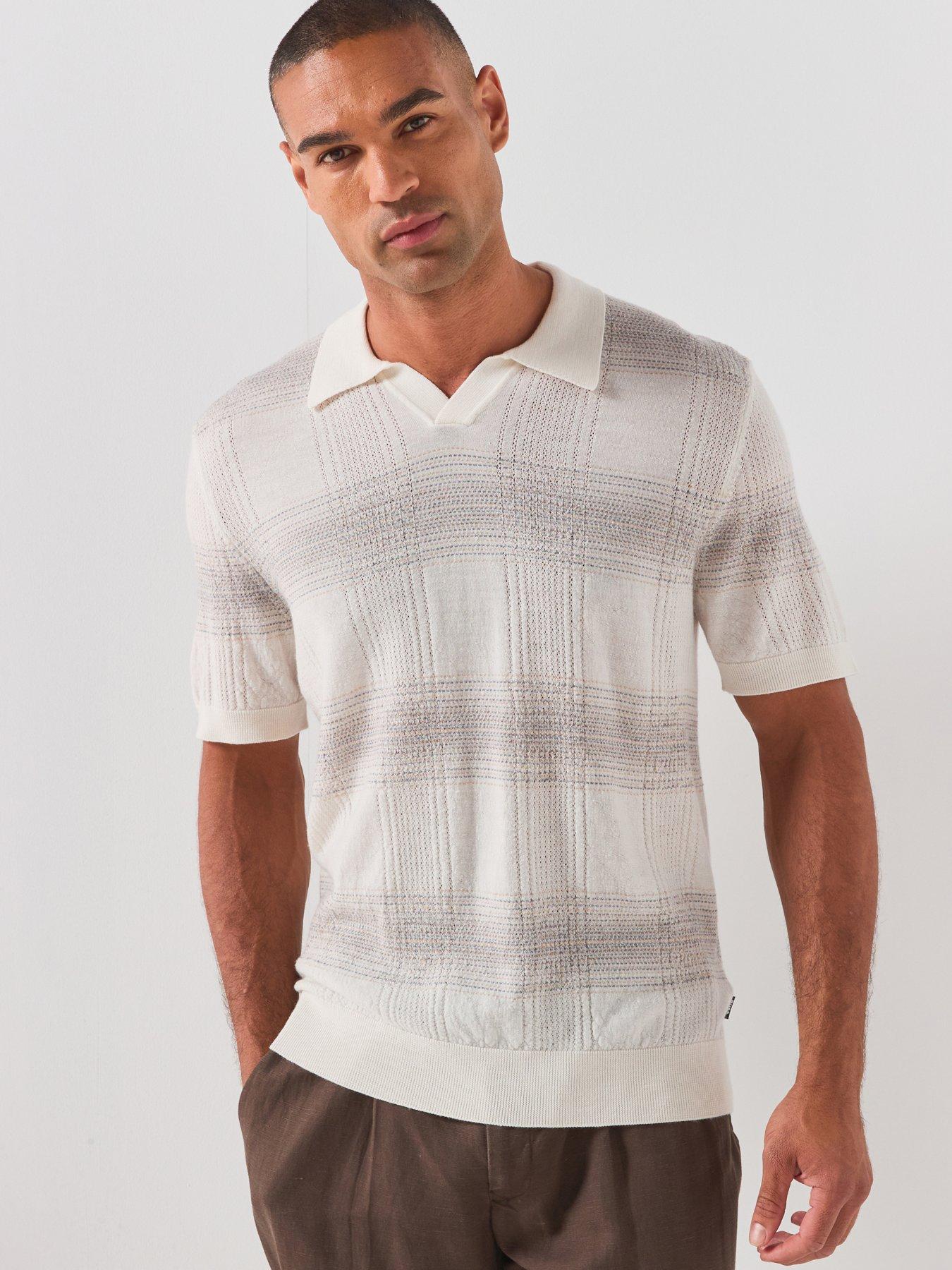 BOSS Check Open Collar Wool Knitted Polo Shirt - Open White