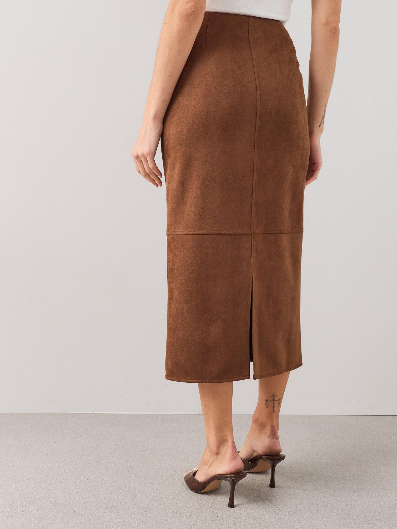 Image 2 of 7 of The Very Collection Suede Pencil Midi Skirt - Brown