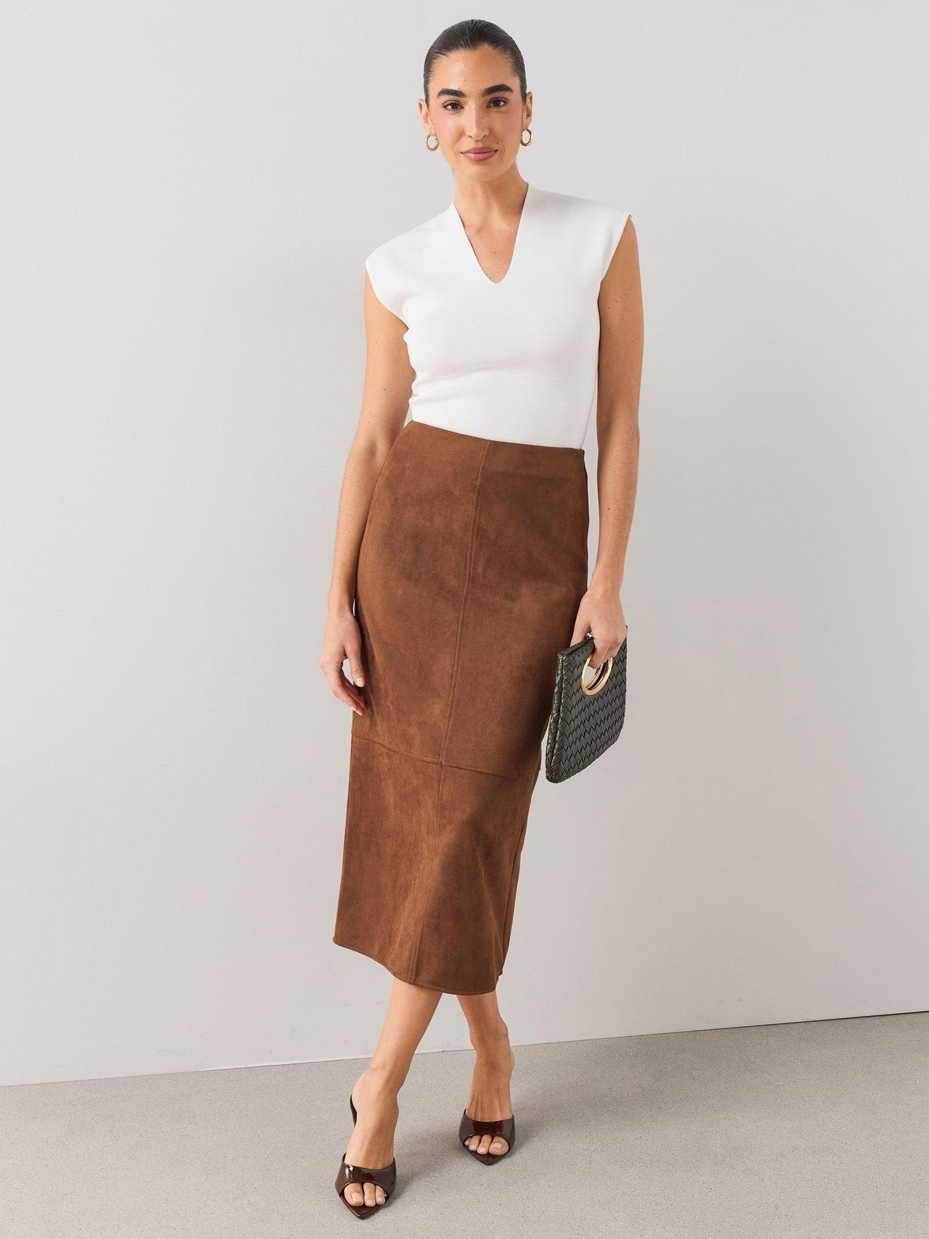 Image 3 of 7 of The Very Collection Suede Pencil Midi Skirt - Brown