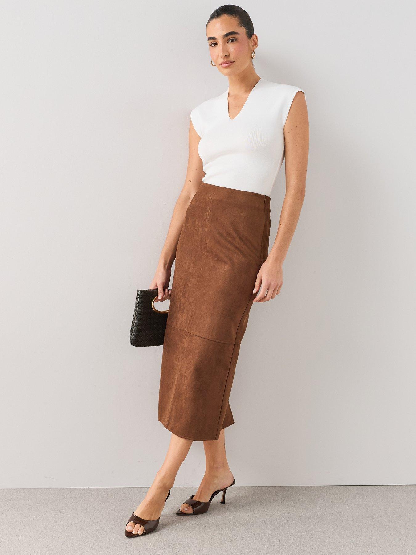 Image 6 of 7 of The Very Collection Suede Pencil Midi Skirt - Brown