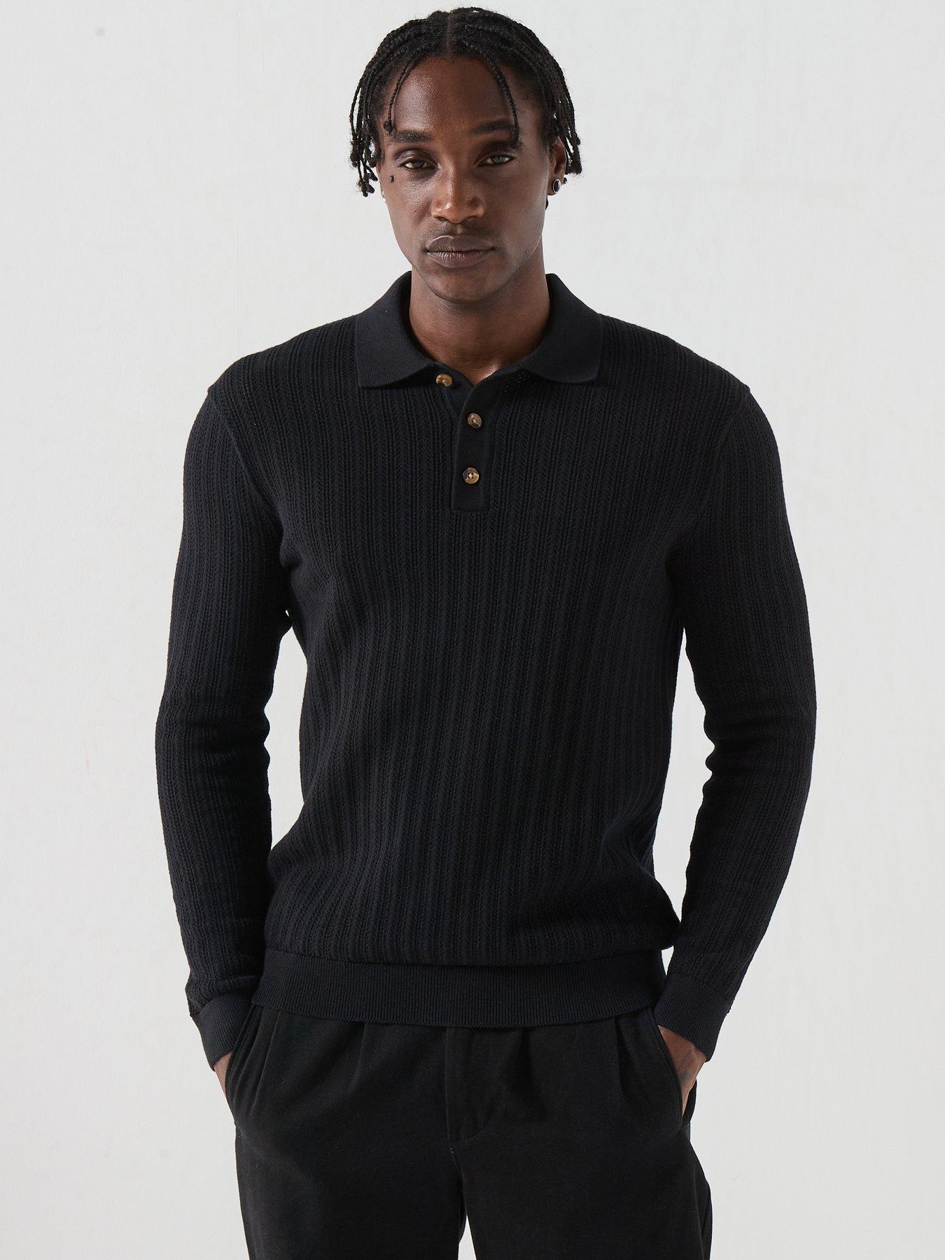 Image 1 of 6 of ONLY & SONS Only&amp;Sons Long Sleeve Fine Knitted Polo - Black