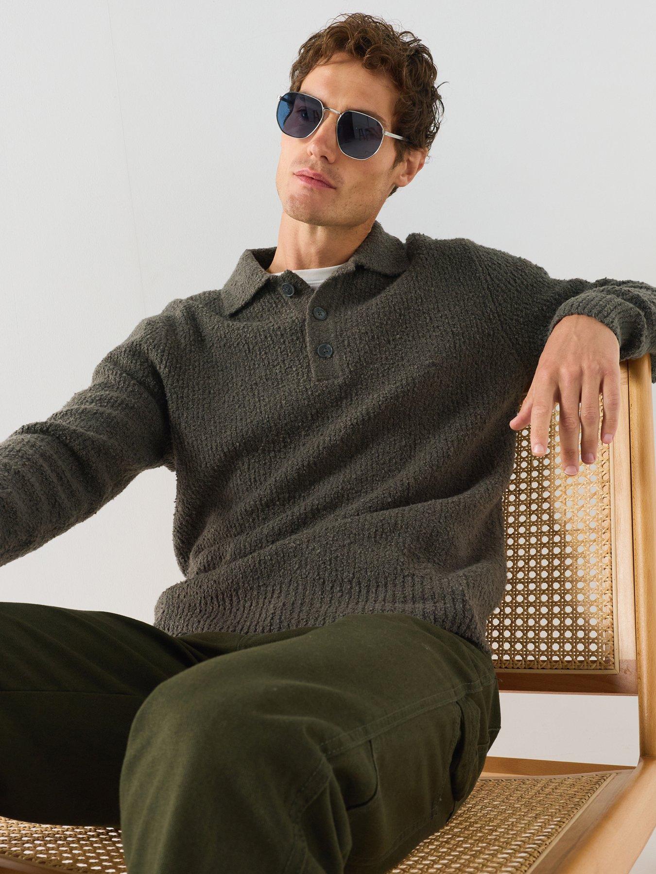 Image 1 of 5 of ONLY & SONS Mens Boucle Knit Long Sleeve Polo Shirt - Raisin