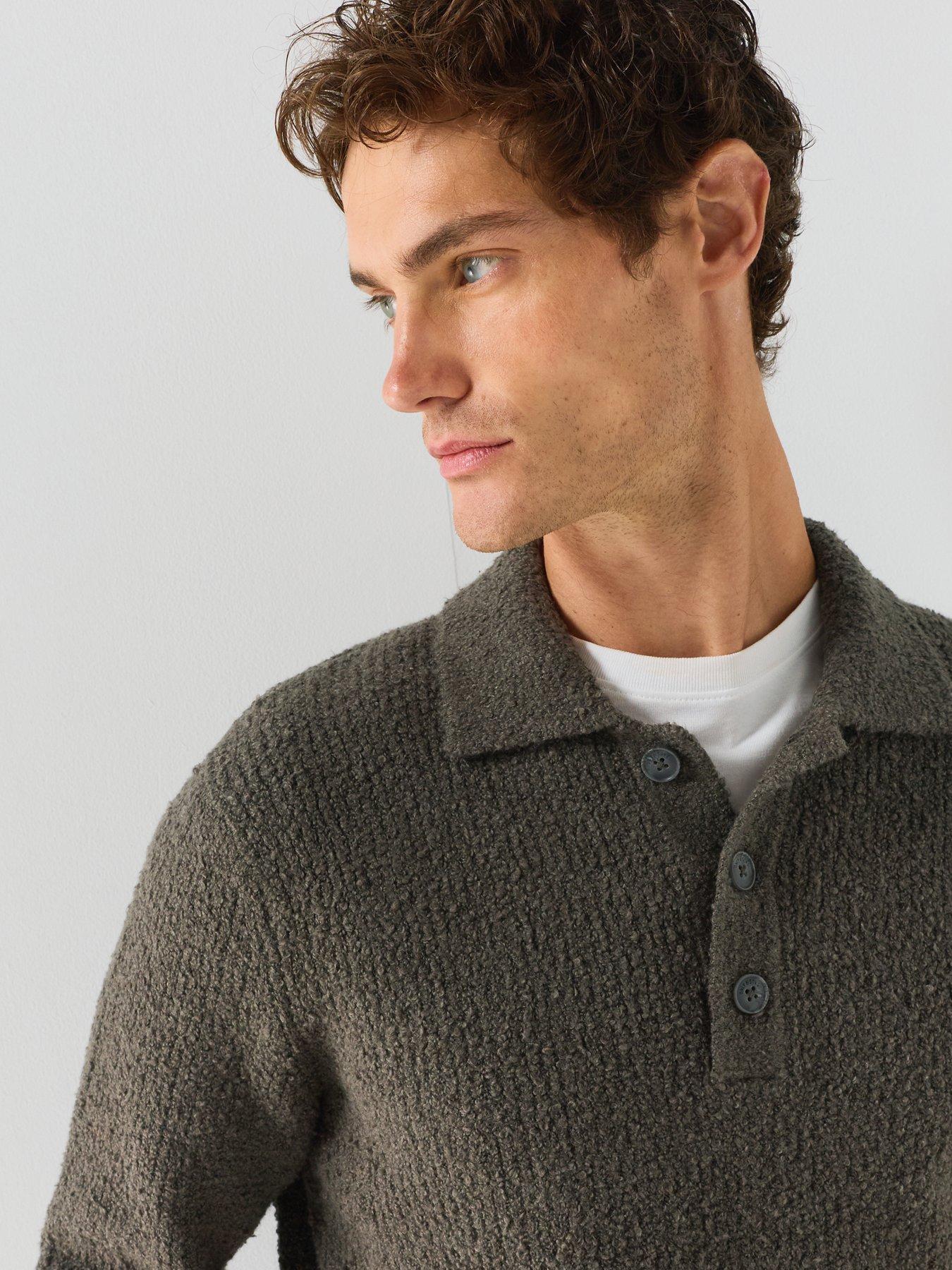 Image 4 of 5 of ONLY & SONS Mens Boucle Knit Long Sleeve Polo Shirt - Raisin