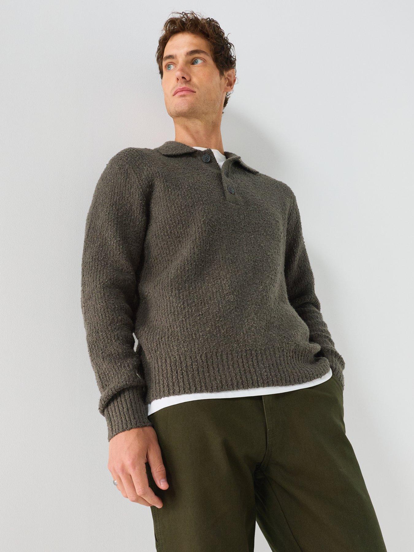 Image 5 of 5 of ONLY & SONS Mens Boucle Knit Long Sleeve Polo Shirt - Raisin