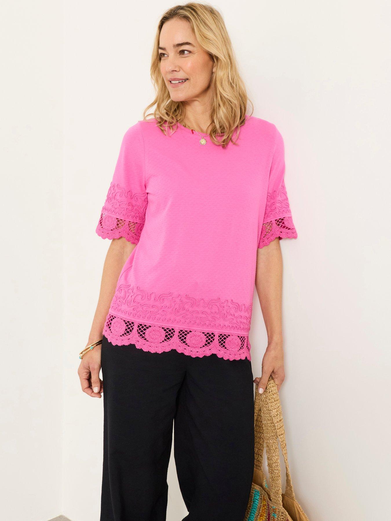 FatFace Chloe Crochet T-Shirt - Pink
