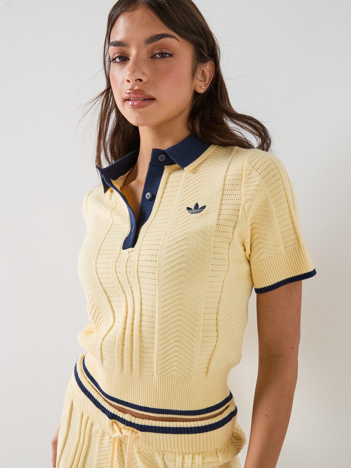 adidas Originals Womens Cable Knit Cali Tee Polo Top - Yellow