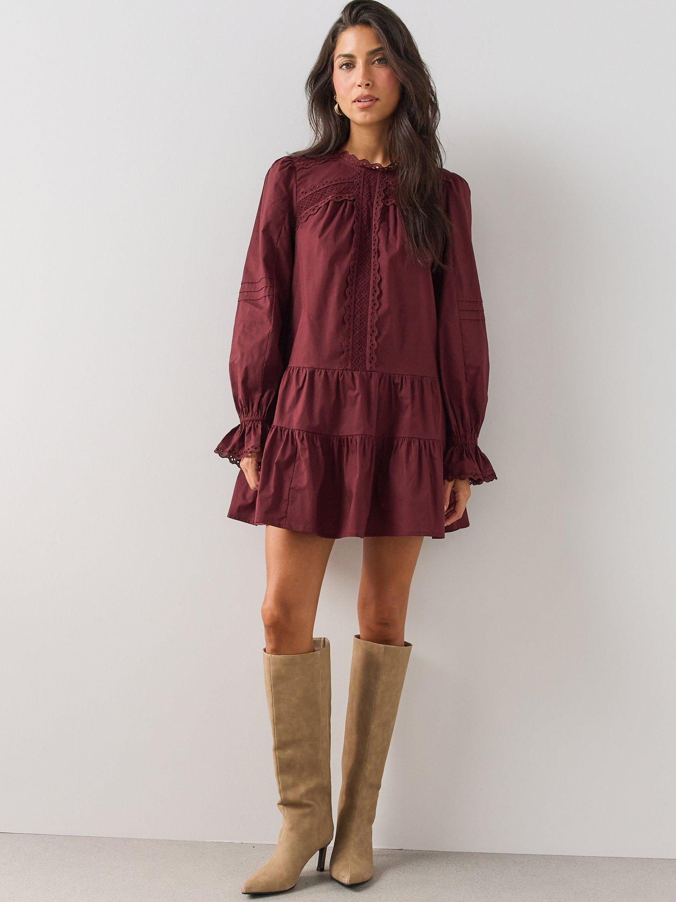 The Very Collection Lace Trim Long Sleeve Cotton Mini Smock Dress - Burgundy