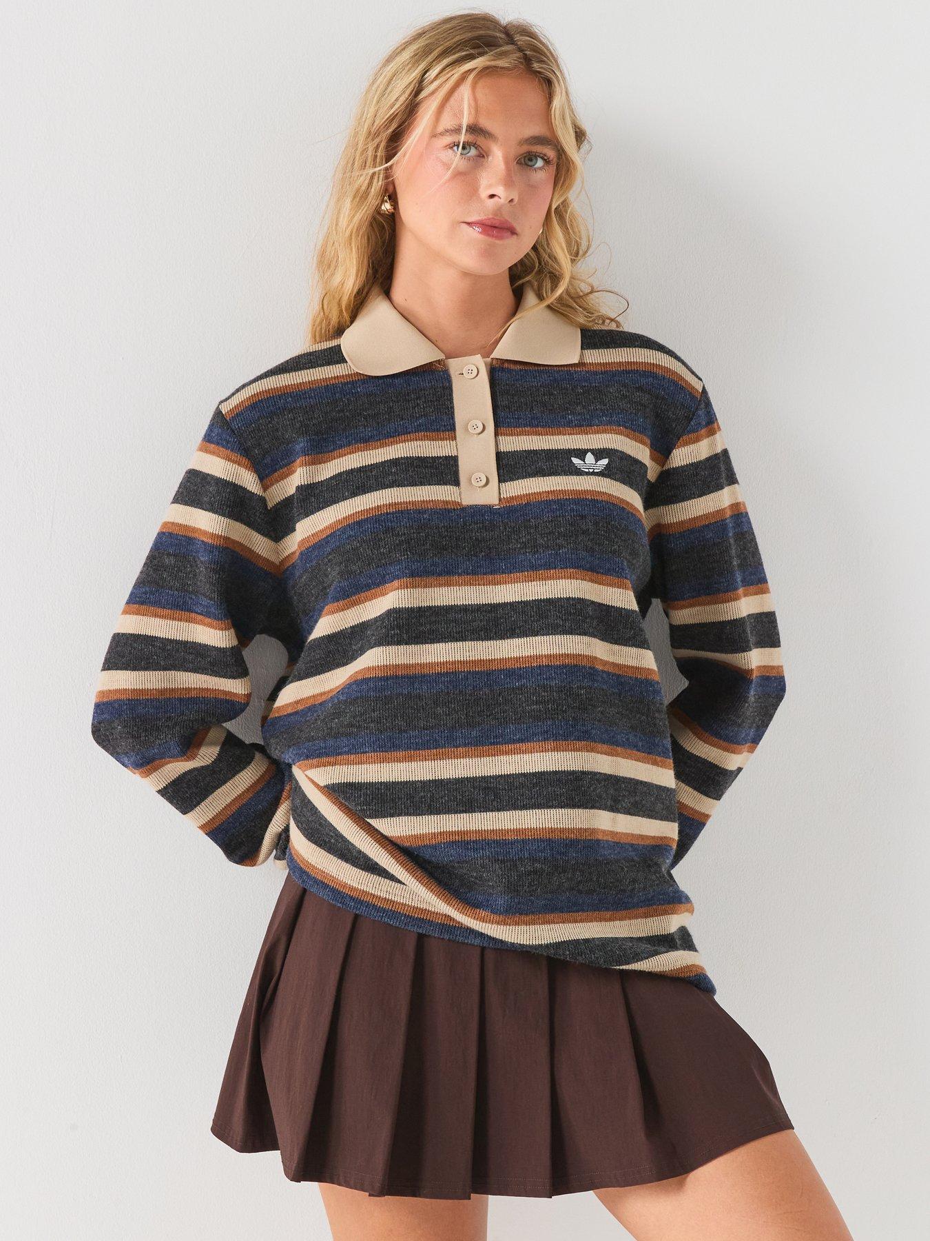adidas Originals Women's Striped Long Sleeve Polo Top - Black