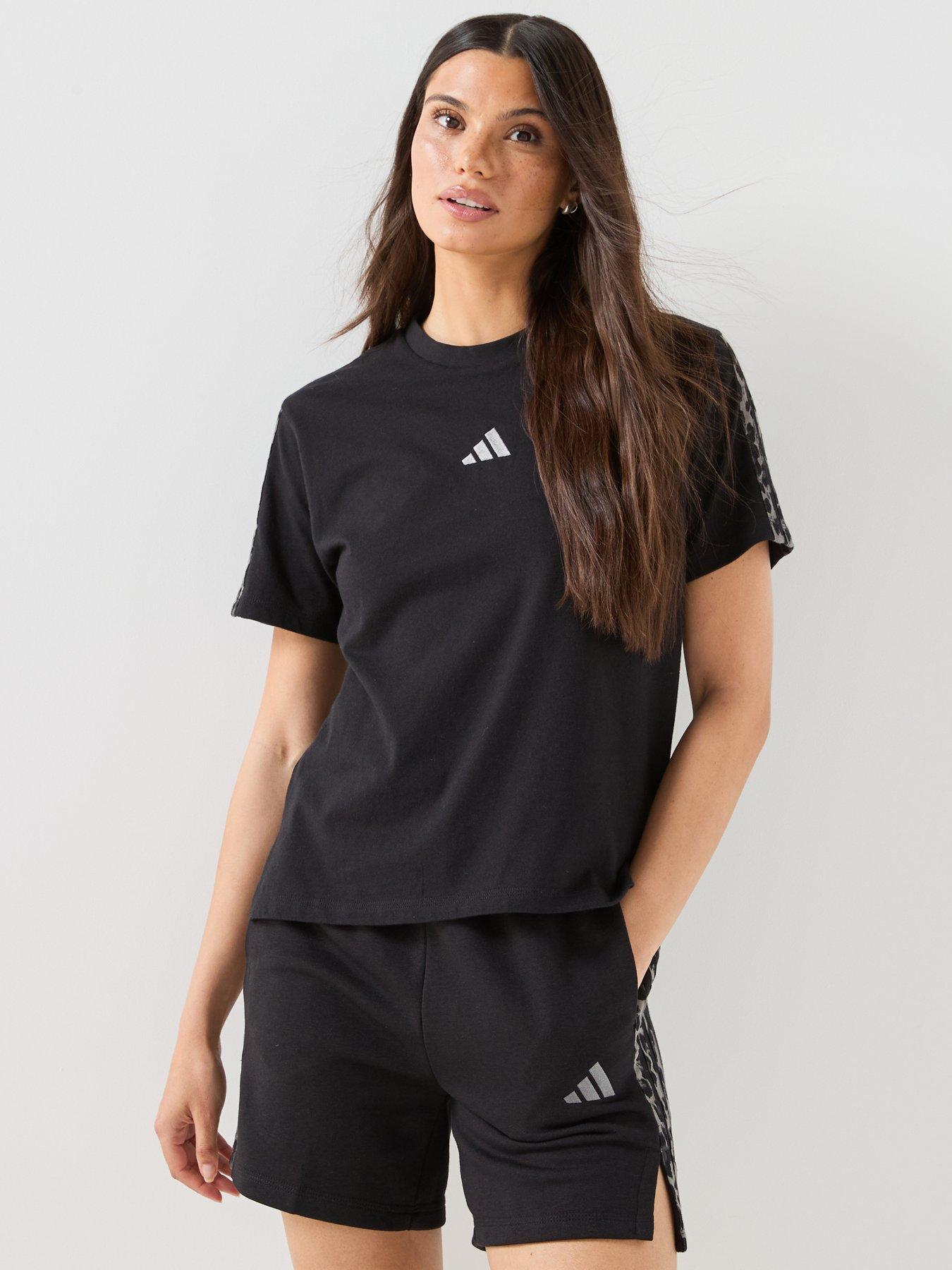 Image 1 of 6 of adidas Sportswear Womens Essentials Animal Print 3-Stripes T-Shirt - Black