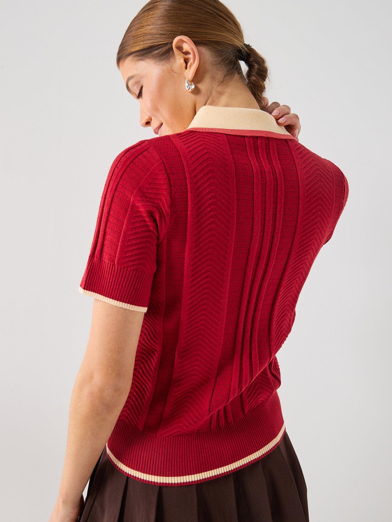 Image 2 of 6 of adidas Originals Womens Cable Knit Cali Polo Top - Red