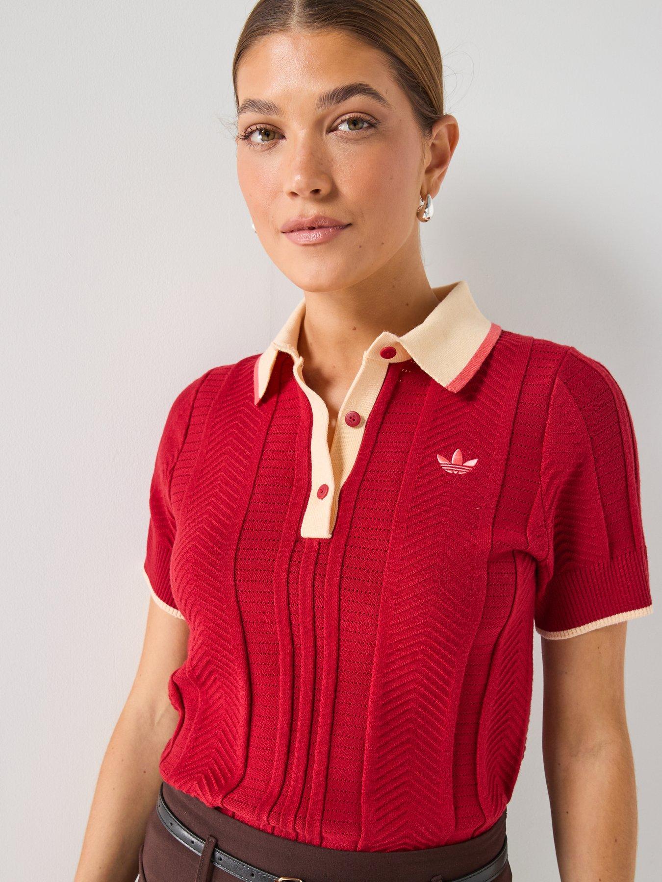 Image 4 of 6 of adidas Originals Womens Cable Knit Cali Polo Top - Red
