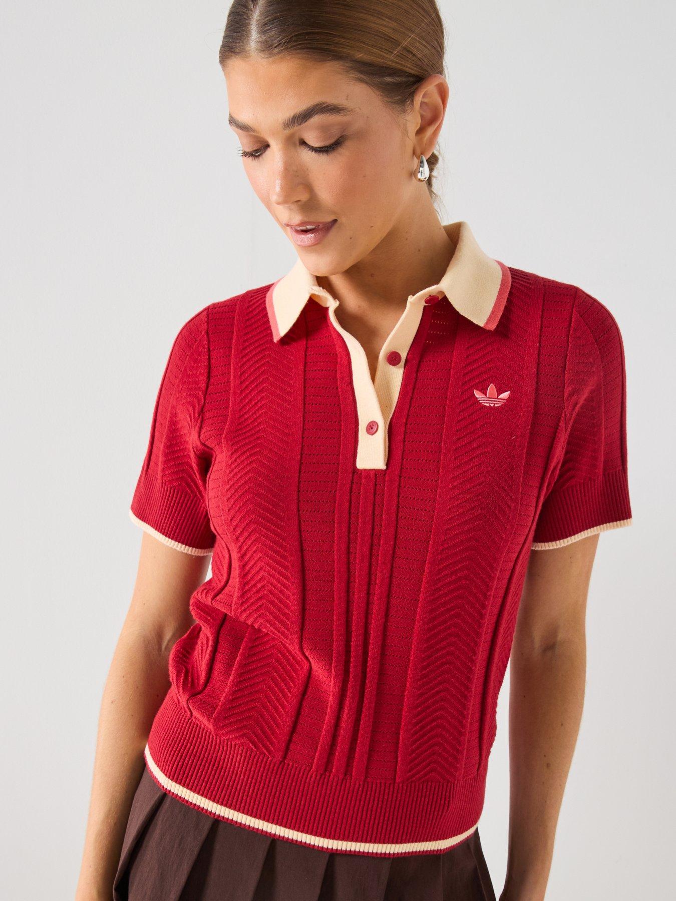 Image 5 of 6 of adidas Originals Womens Cable Knit Cali Polo Top - Red