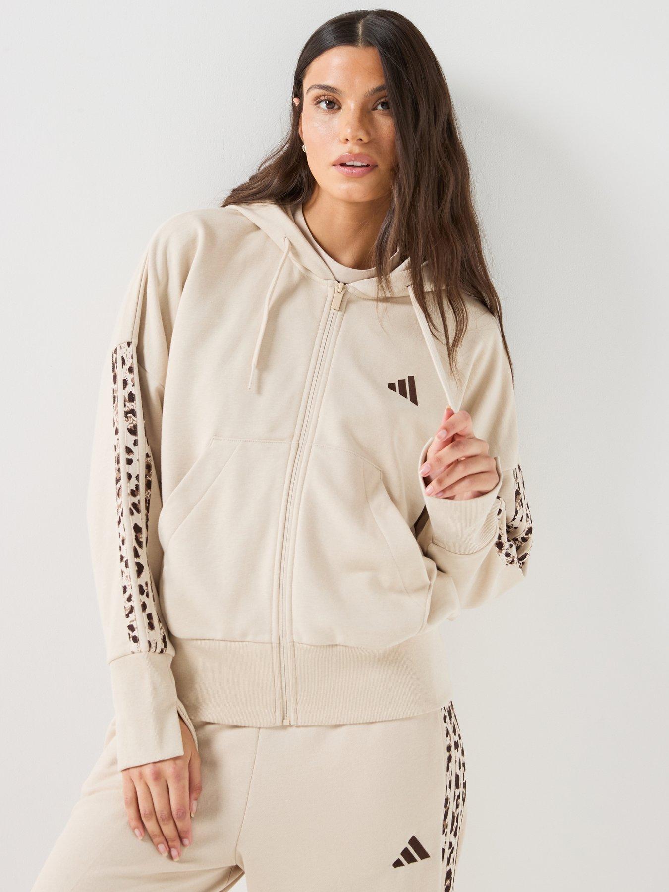 adidas Sportswear Women's Seasonal Essentials Animal Print 3-Stripes Full-Zip Hooded Track Top - Beige