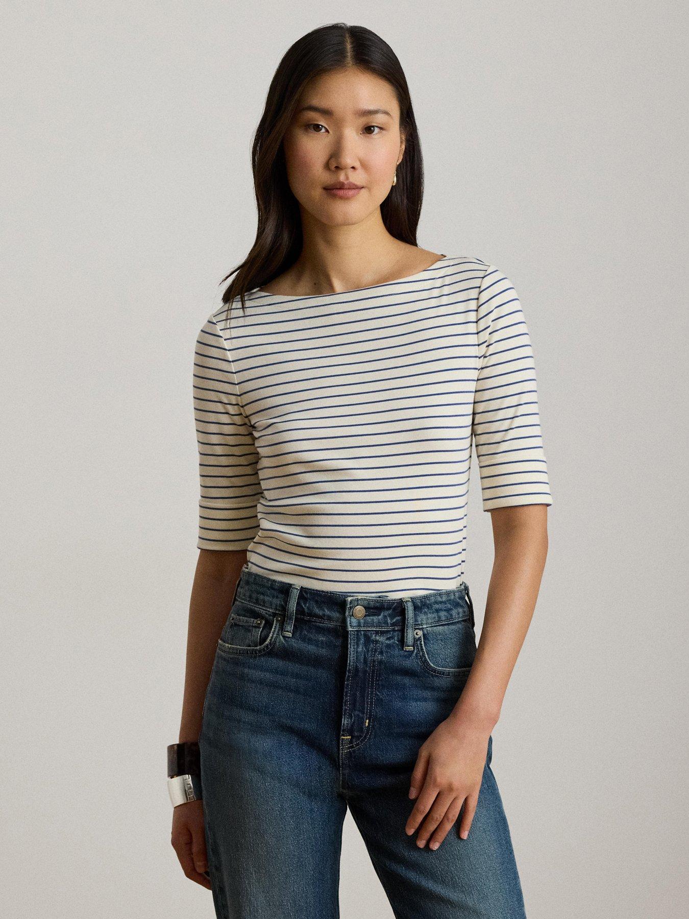 Lauren by Ralph Lauren Striped Stretch Cotton Boatneck T-Shirt - Mscpn Cream/Dusty Sky