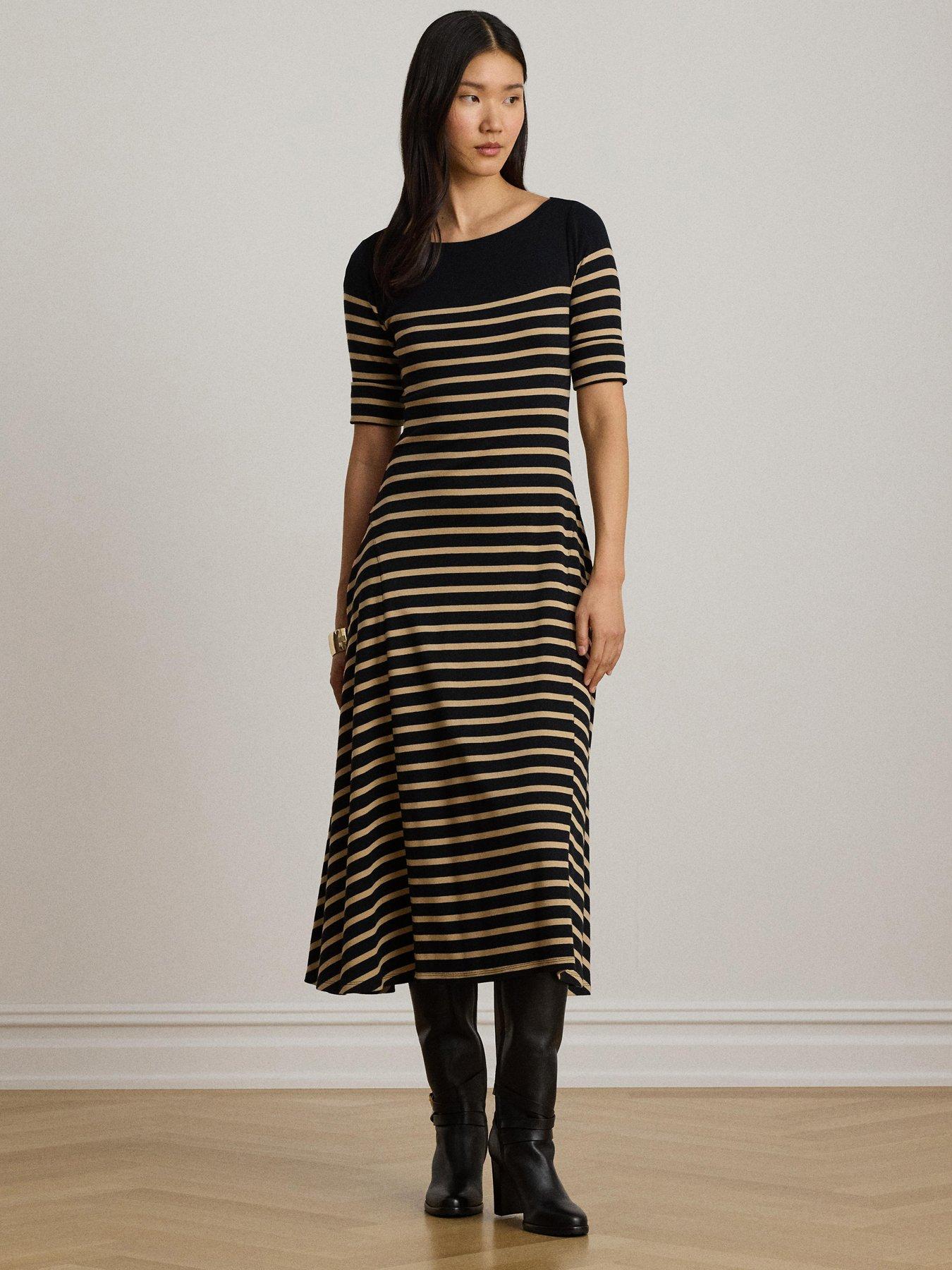 Lauren by Ralph Lauren Breton-Stripe Cotton Rib-knit Midi Dress - Black/Birch Tan