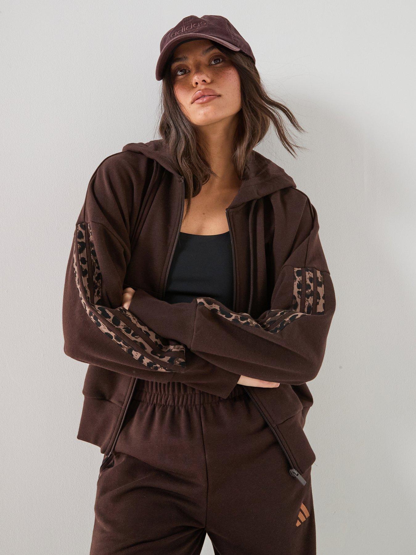adidas Sportswear Womens Ssentials Animal Print 3-Stripes Full-Zip Hooded Track Top - Brown