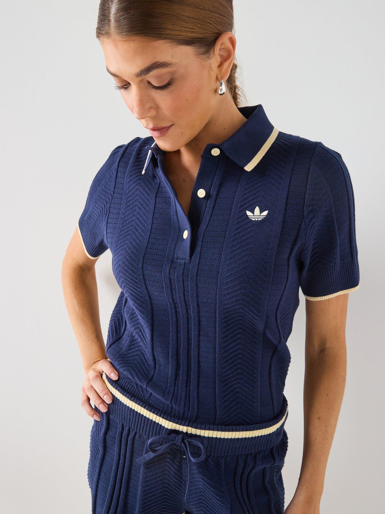 Image 4 of 6 of adidas Originals Womens Cable Knit Cali Polo Top - Blue
