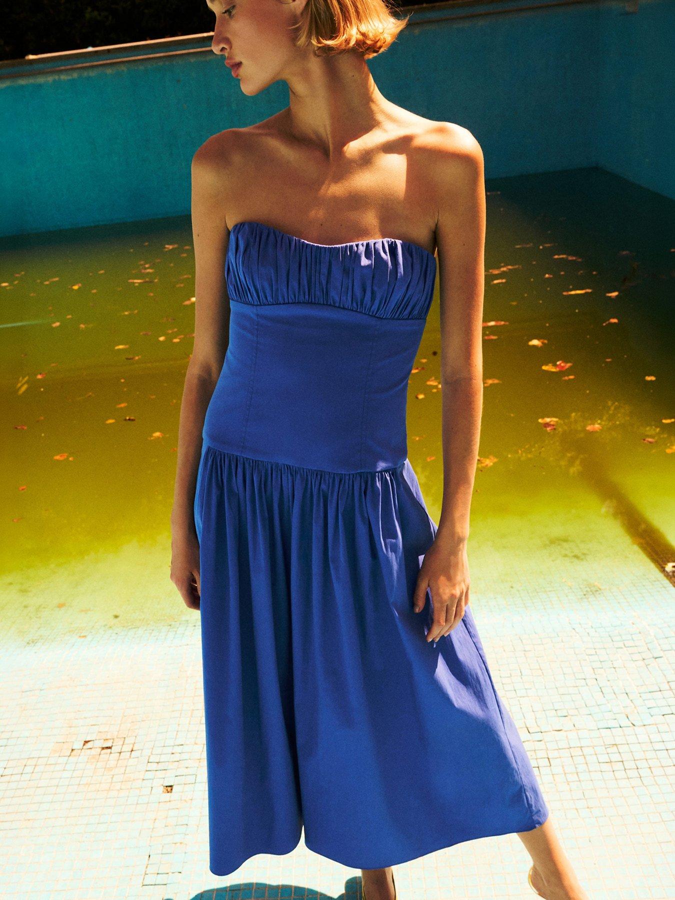 Mango Starring Hailey Bieber Ruched Strapless Dress - Blue