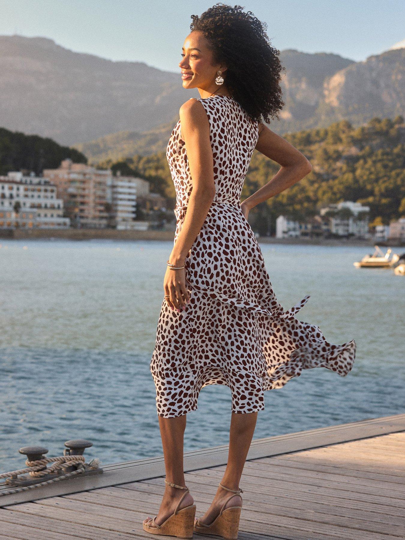 Image 2 of 6 of Sosandar Brown &amp; Ivory Spot Print Fit &amp; Flare Belted Wrap Dress - Multi