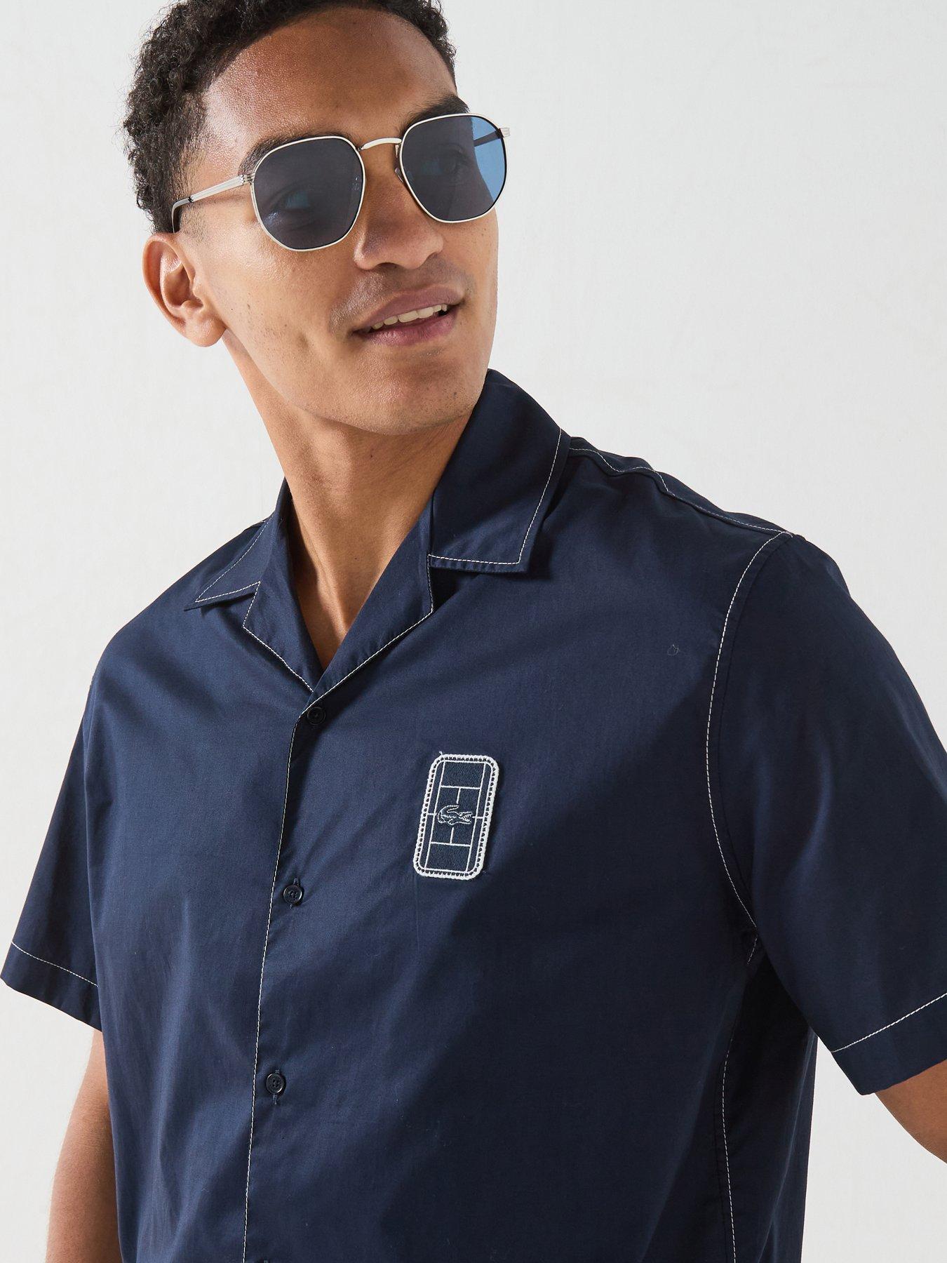 Image 4 of 5 of Lacoste Premium Open Collar Embroidered Short Sleeve Shirt - Navy