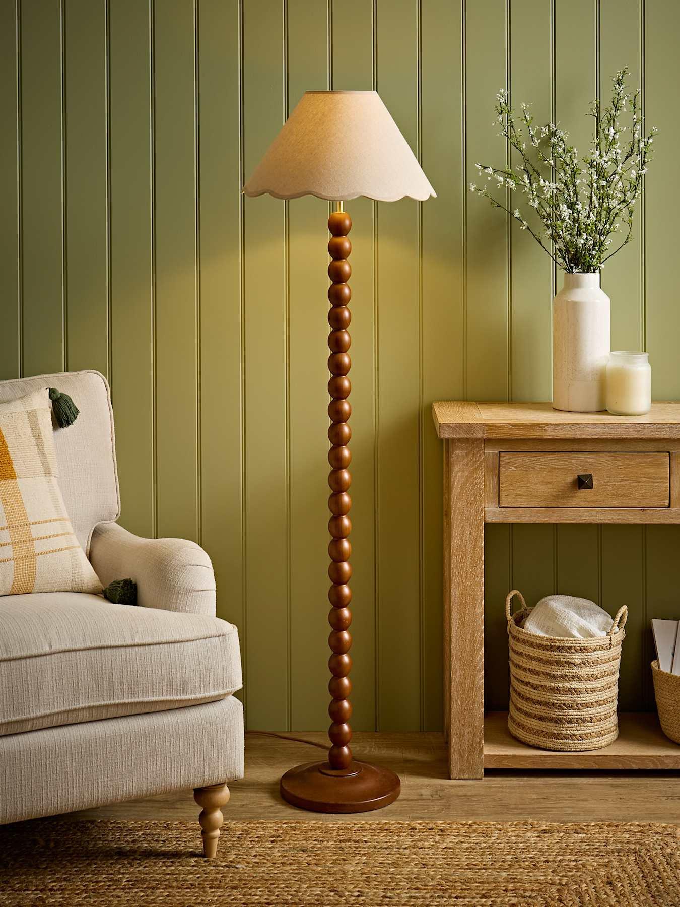 ValueLights Bobbin Natural Trim Linen Shade Walnut Bobble Floor Lamp