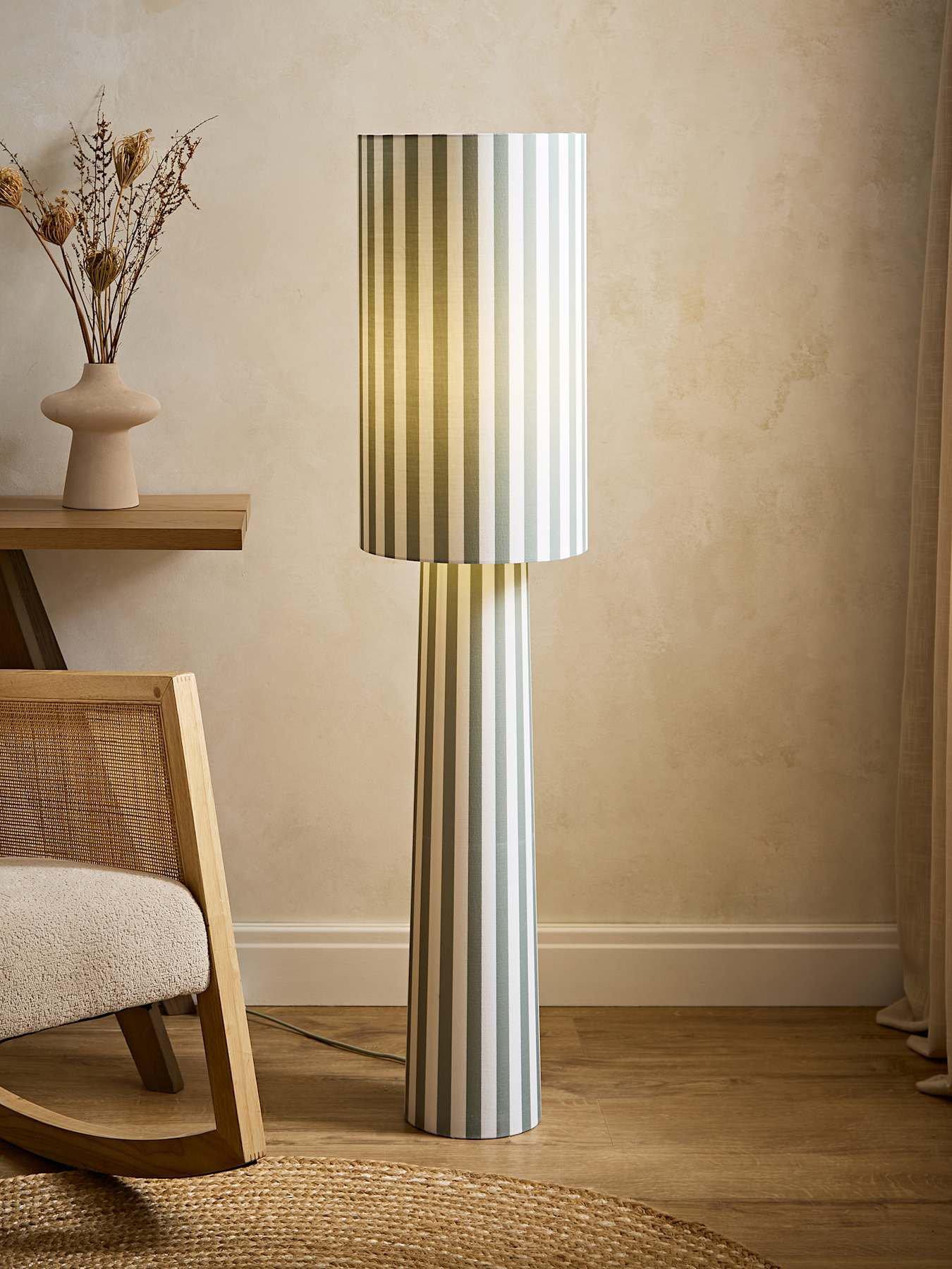 ValueLights Thorley Green And Cream Stripe Drum Shade Full Fabric Midi Floor Lamp