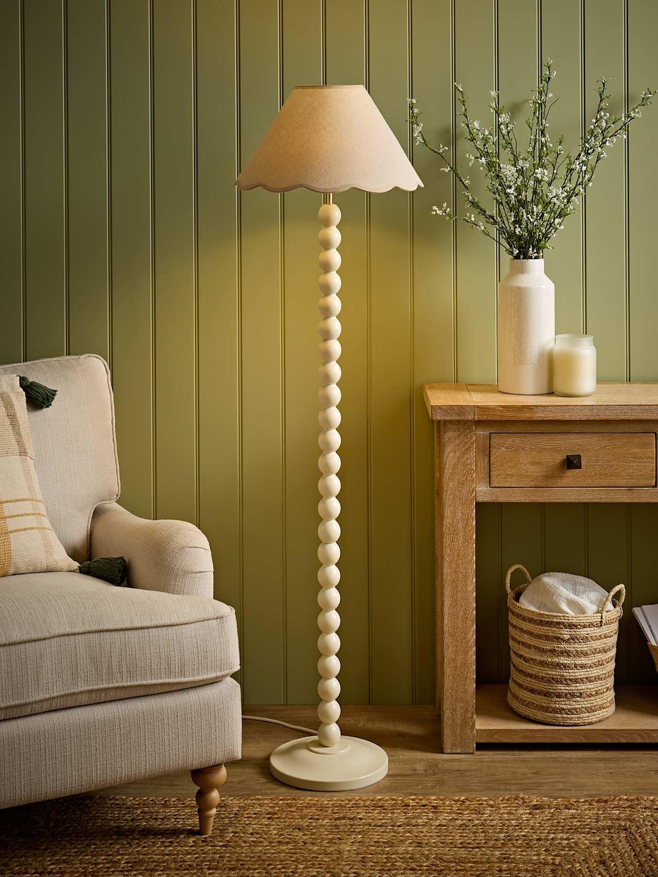 ValueLights Bobbin Natural Trim Linen Shade Cream Bobble Floor Lamp