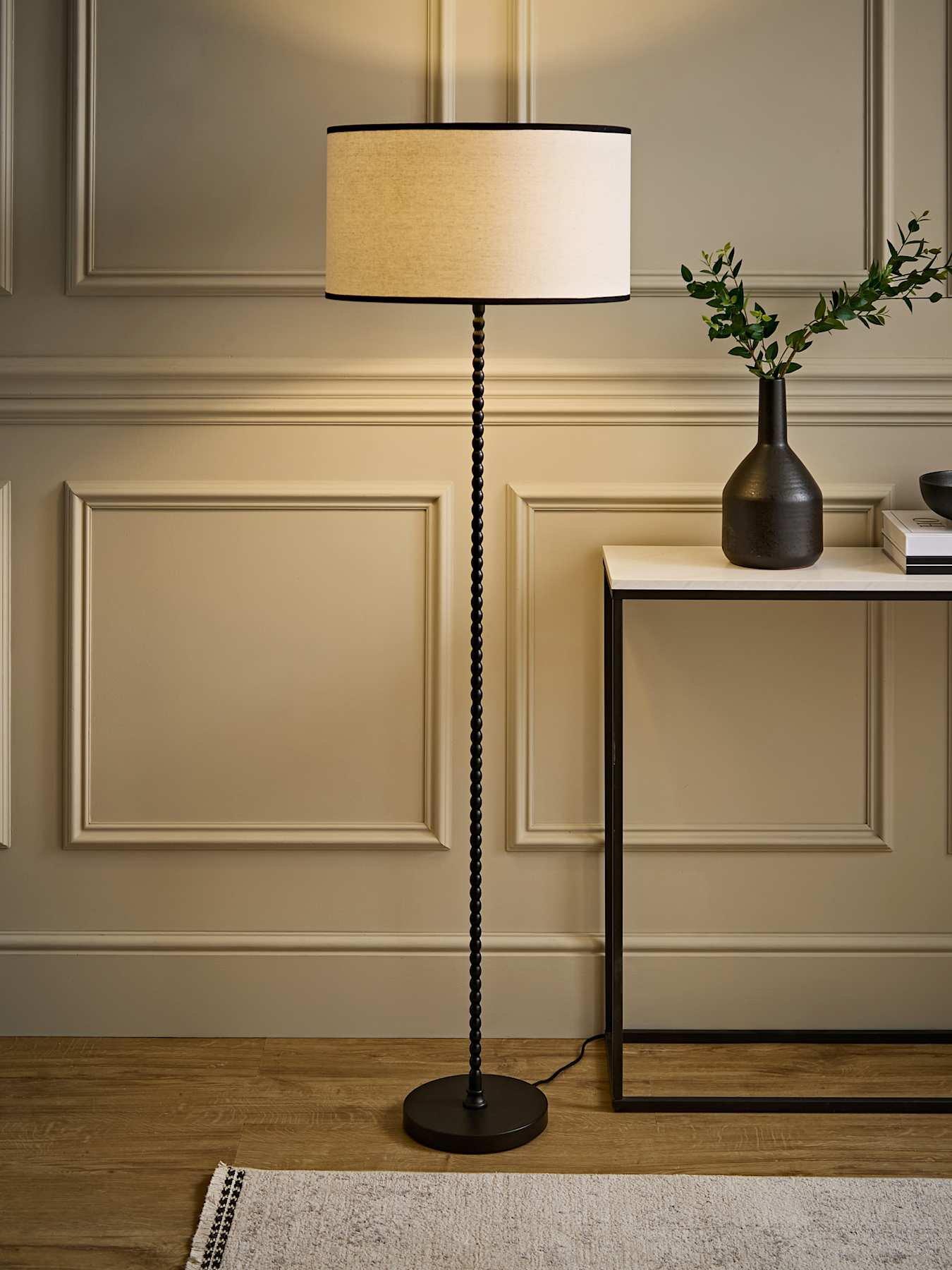 Image 1 of 6 of ValueLights Maeve Natural Linen Black Trim Shade Matte Black Bobbin Bobble Floor Lamp