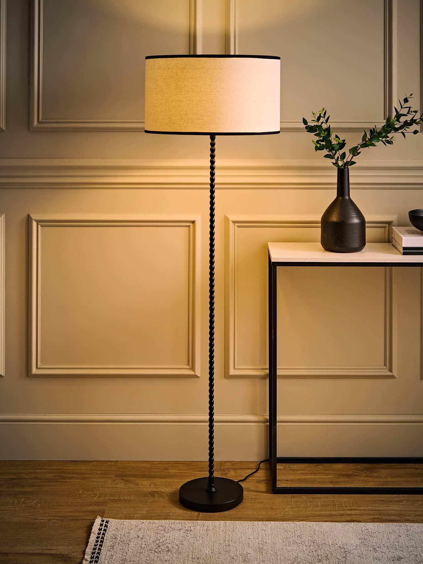 Image 5 of 6 of ValueLights Maeve Natural Linen Black Trim Shade Matte Black Bobbin Bobble Floor Lamp
