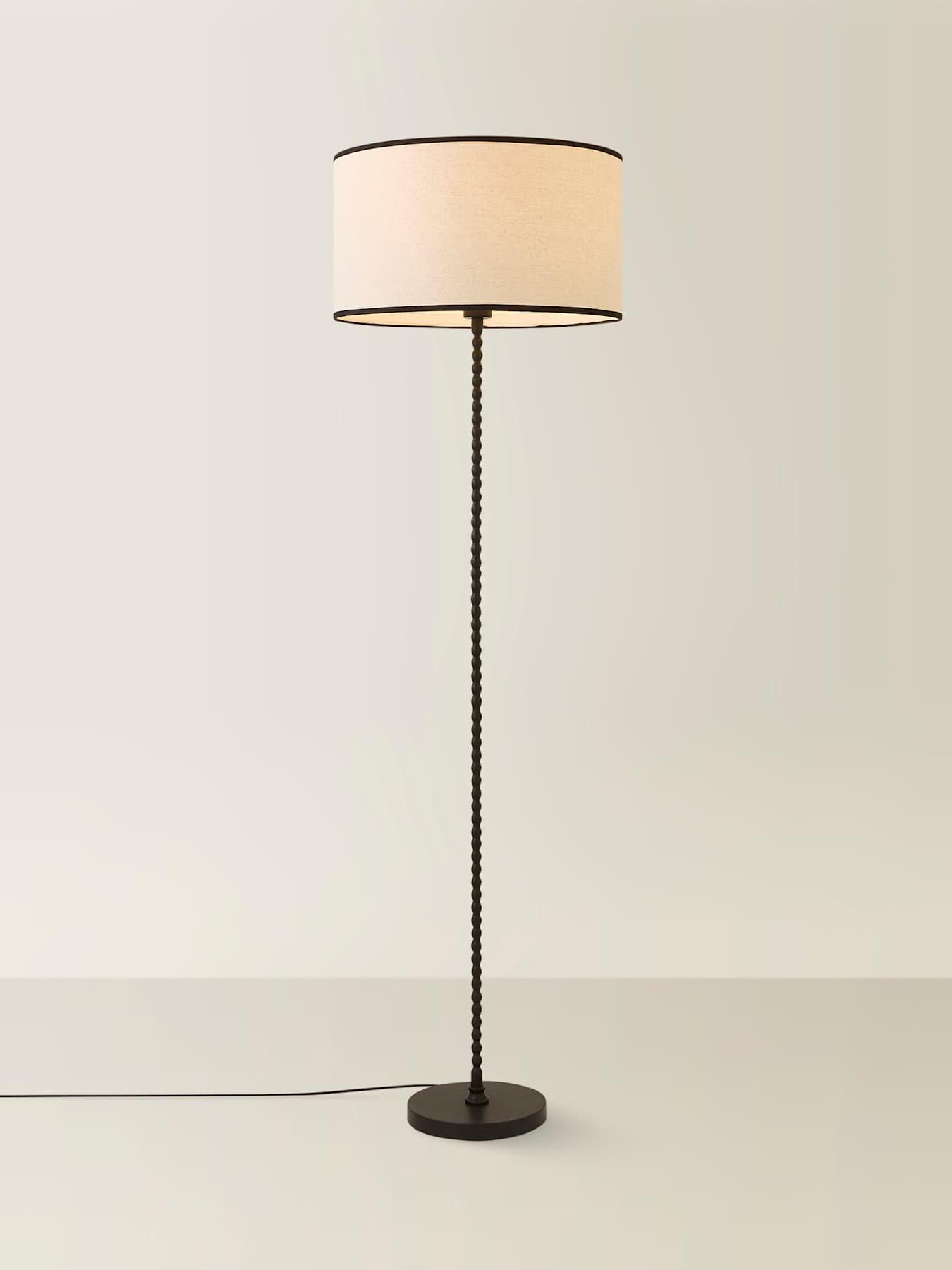 Image 6 of 6 of ValueLights Maeve Natural Linen Black Trim Shade Matte Black Bobbin Bobble Floor Lamp