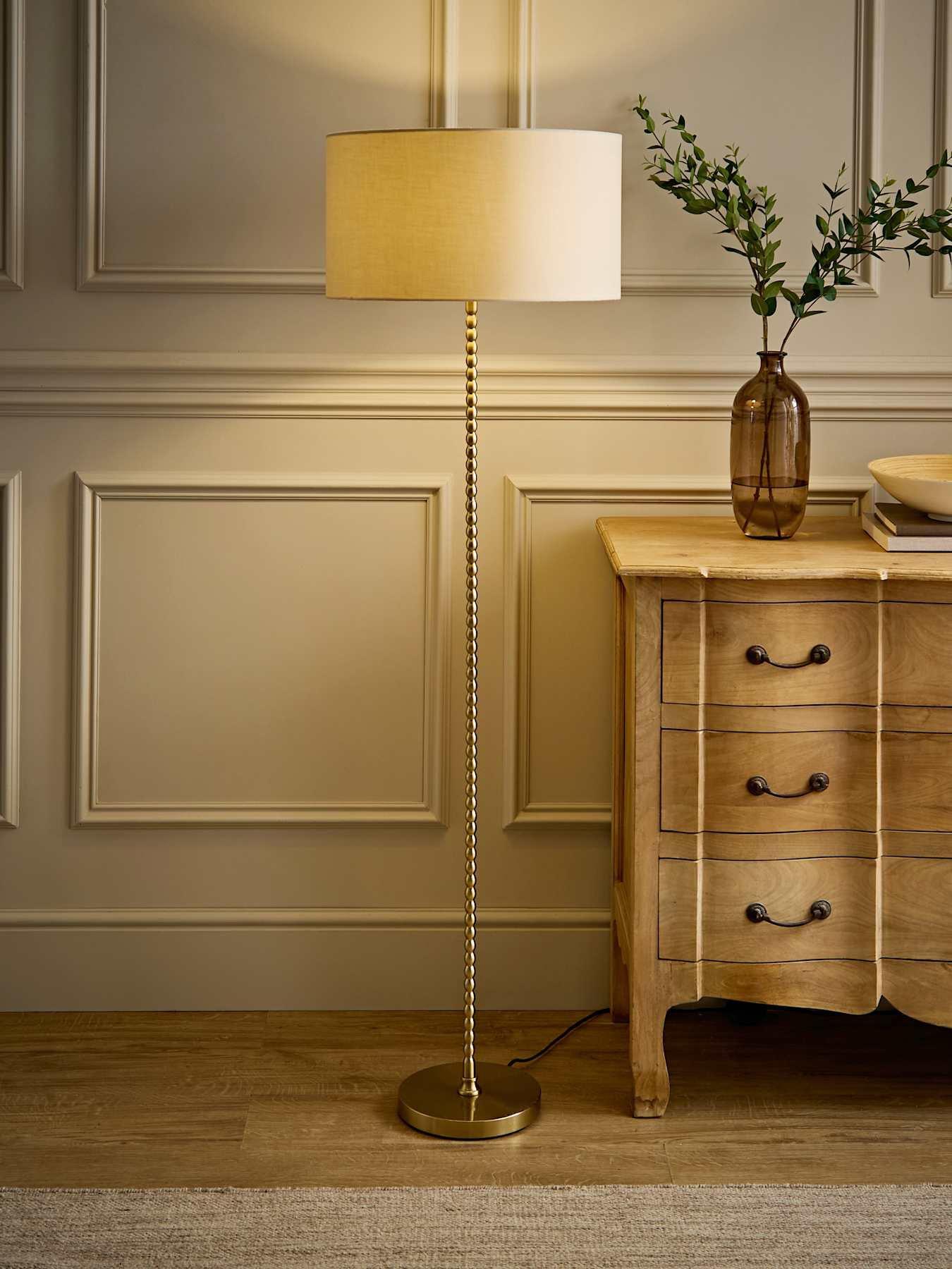 ValueLights Maeve Cream Drum Lamp Shade Brushed Gold Bobbin Bobble Floor Lamp