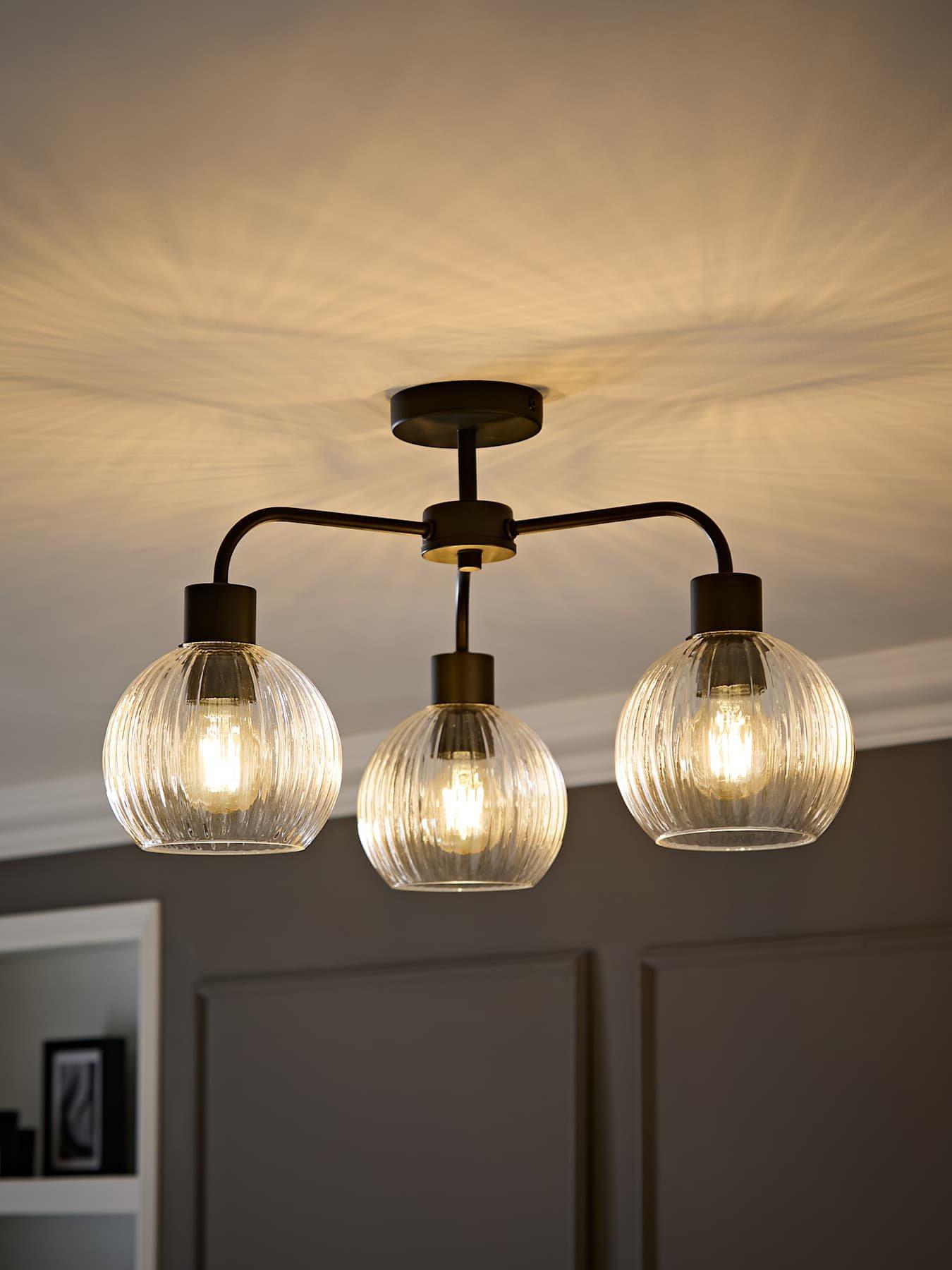 ValueLights Maddison Clear Ribbed Glass Globe Shades Matte Black 3 Arm Ceiling Light