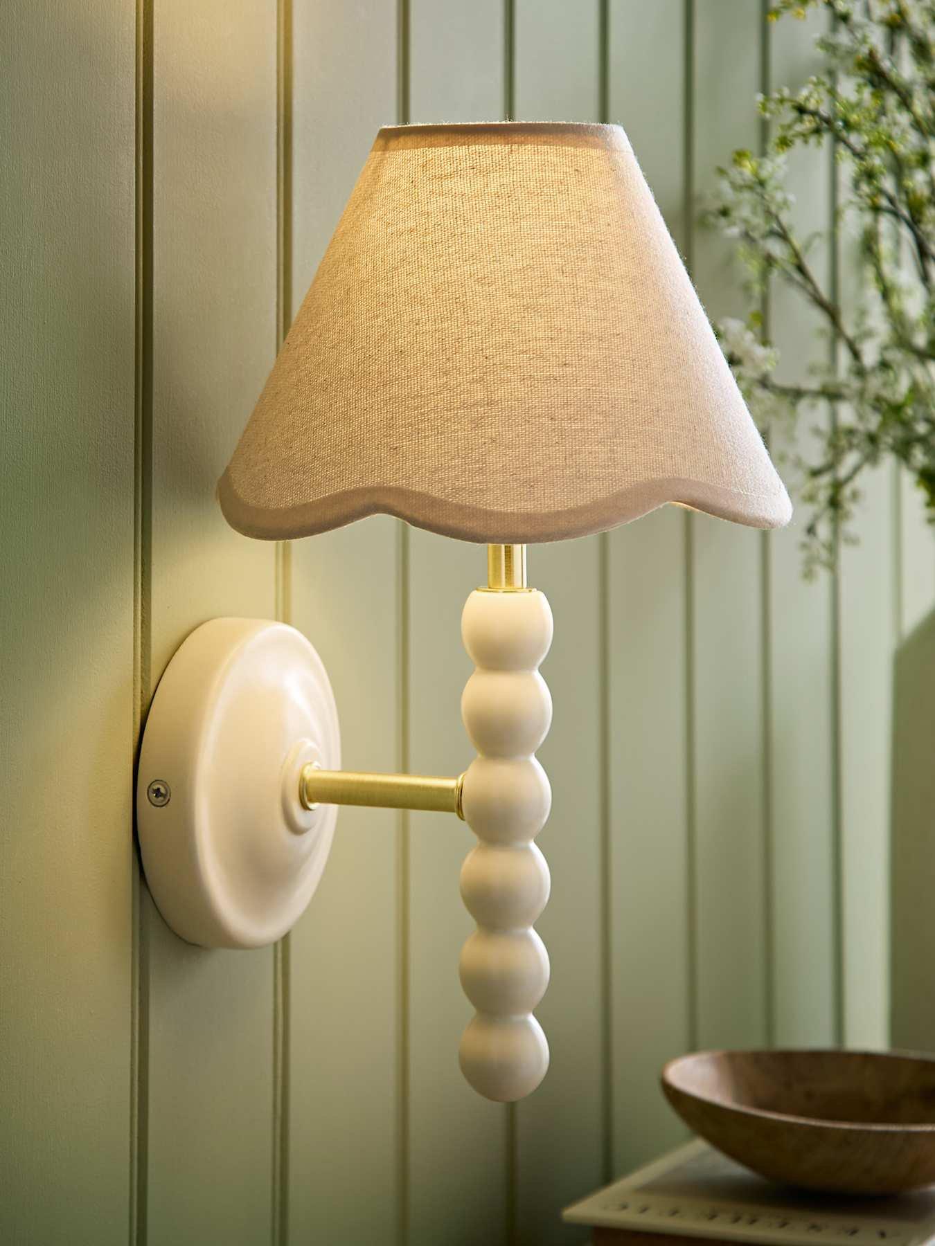ValueLights Bobbins Cream Bobble Wall Light And Natural Trim Linen Lamp Shade