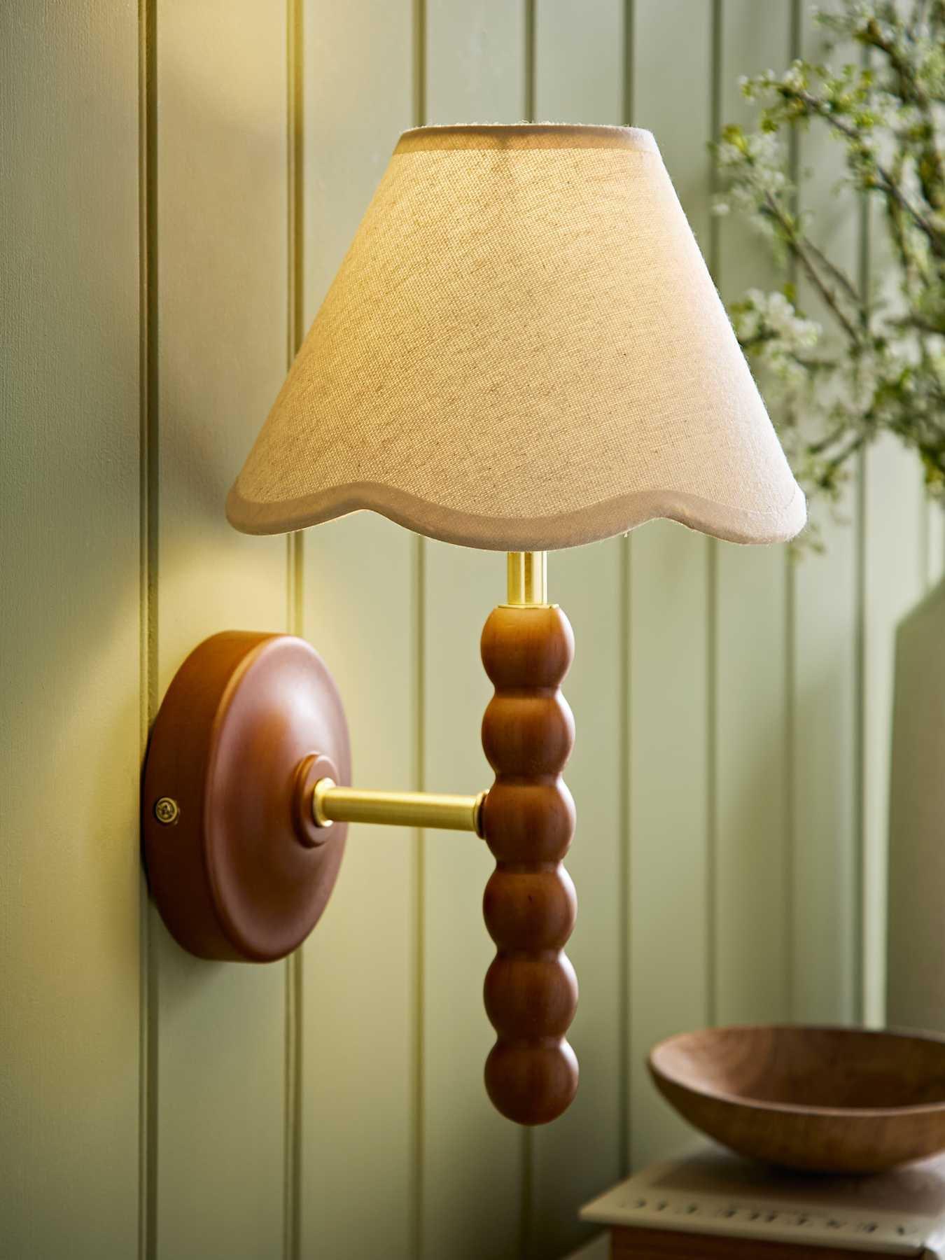 ValueLights Bobbins Walnut Bobble Wall Light And Natural Trim Linen Lamp Shade