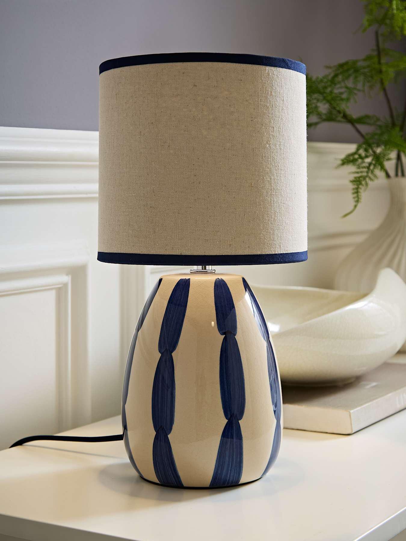 ValueLights Brynn Natural And Navy Ceramic Stripe Table Lamp