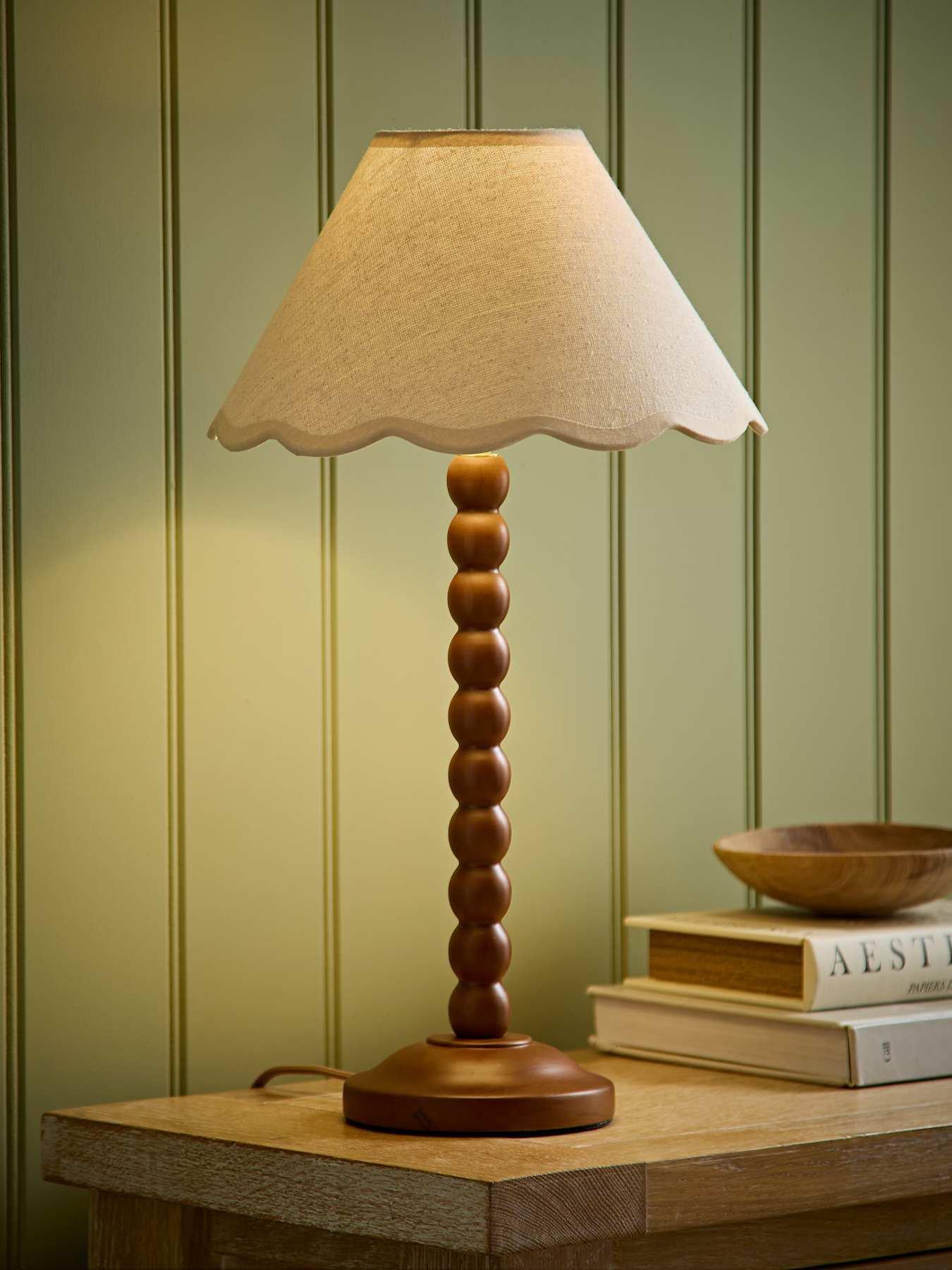 ValueLights Bobbin Natural Trim Linen Shade Walnut Bobble Table Lamp