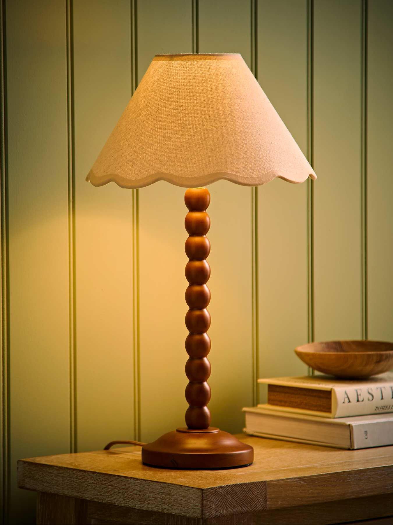 Image 5 of 6 of ValueLights Bobbin Natural Trim Linen Shade Walnut Bobble Table Lamp