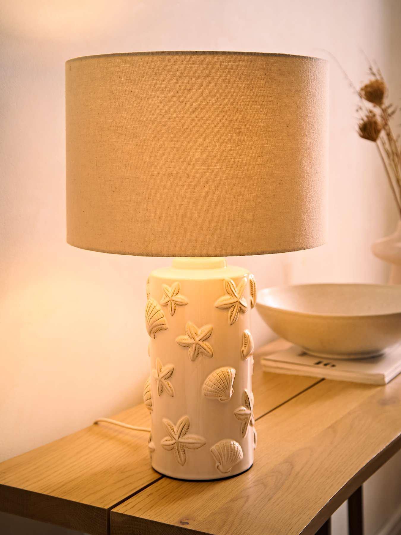 Image 5 of 6 of ValueLights Selene Linen Shade Ceramic Embossed Seashell Table Lamp