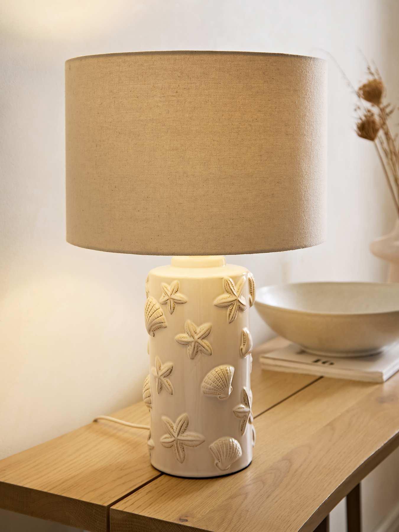 ValueLights Selene Linen Shade Ceramic Embossed Seashell Table Lamp With Bulb