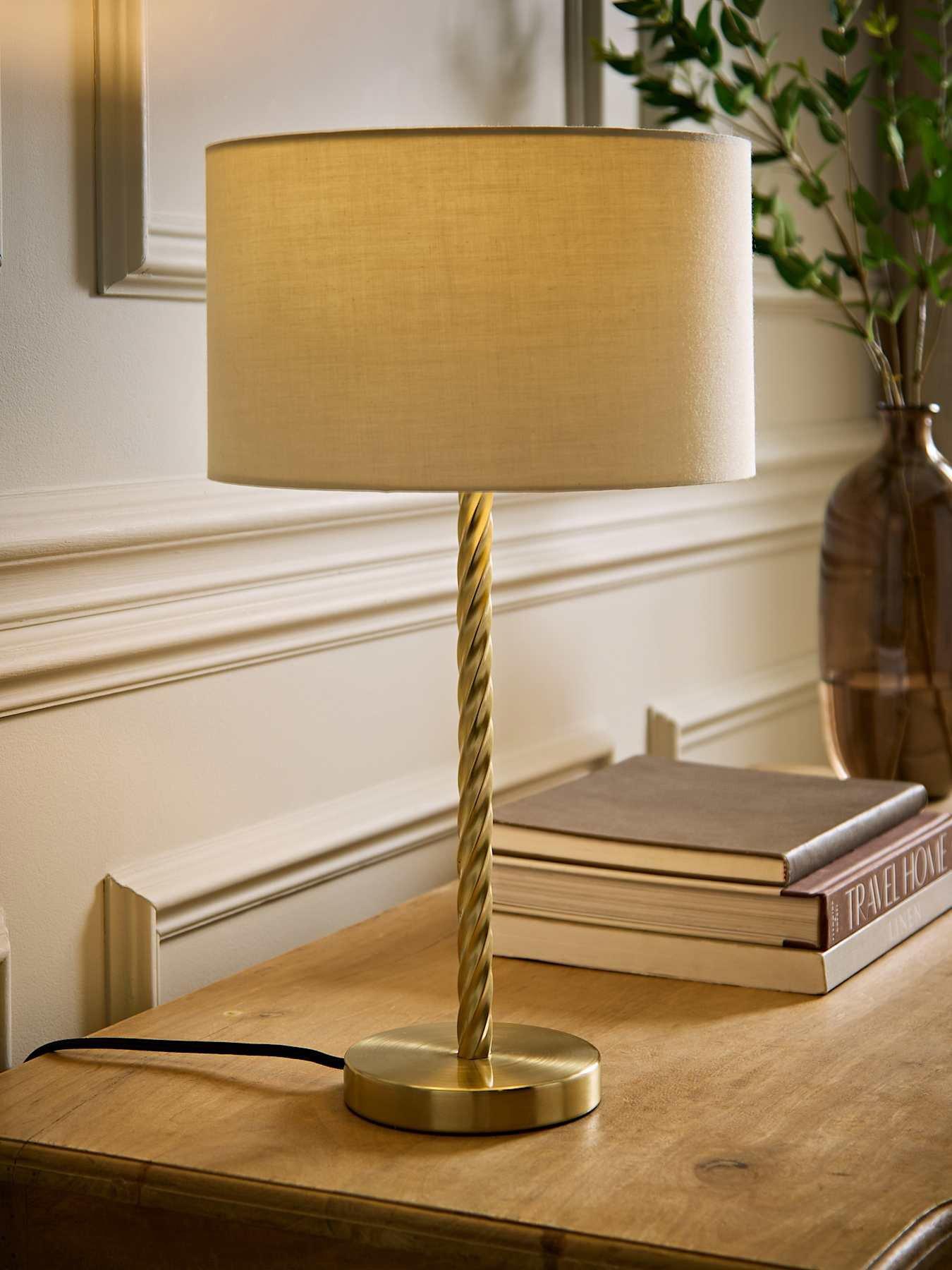 Image 1 of 6 of ValueLights Maura Cream Drum Lamp Shade Brushed Gold Twist Table Lamp