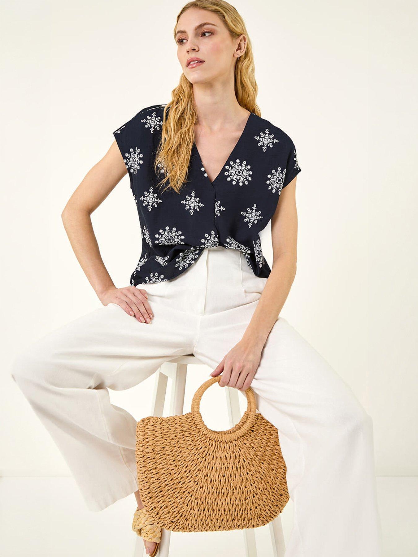 Roman Embroidered V-neck Pleat Top