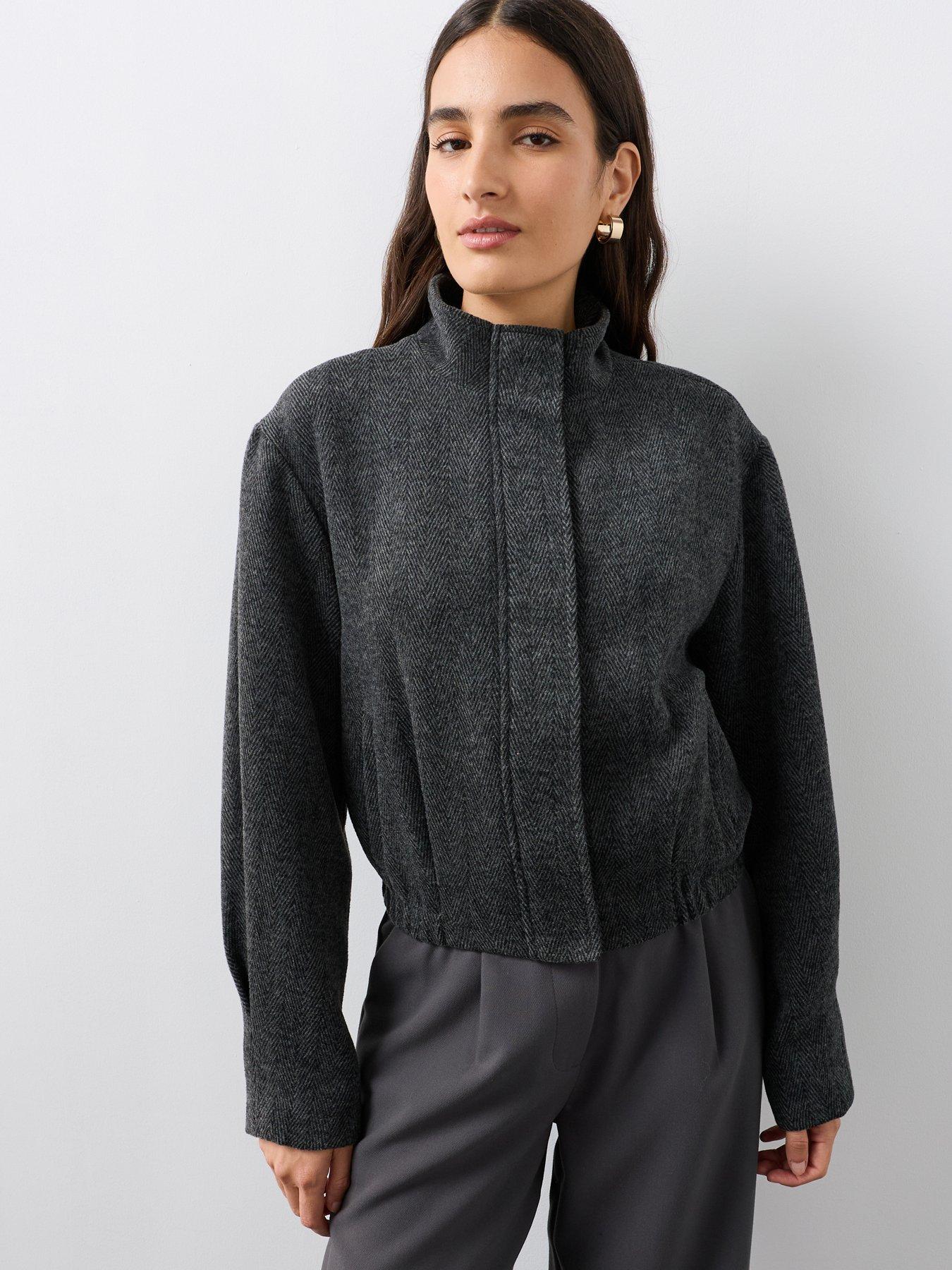 Image 1 of 7 of The Very Collection Herringbone Funnel Neck Bomber Jacket - Grey