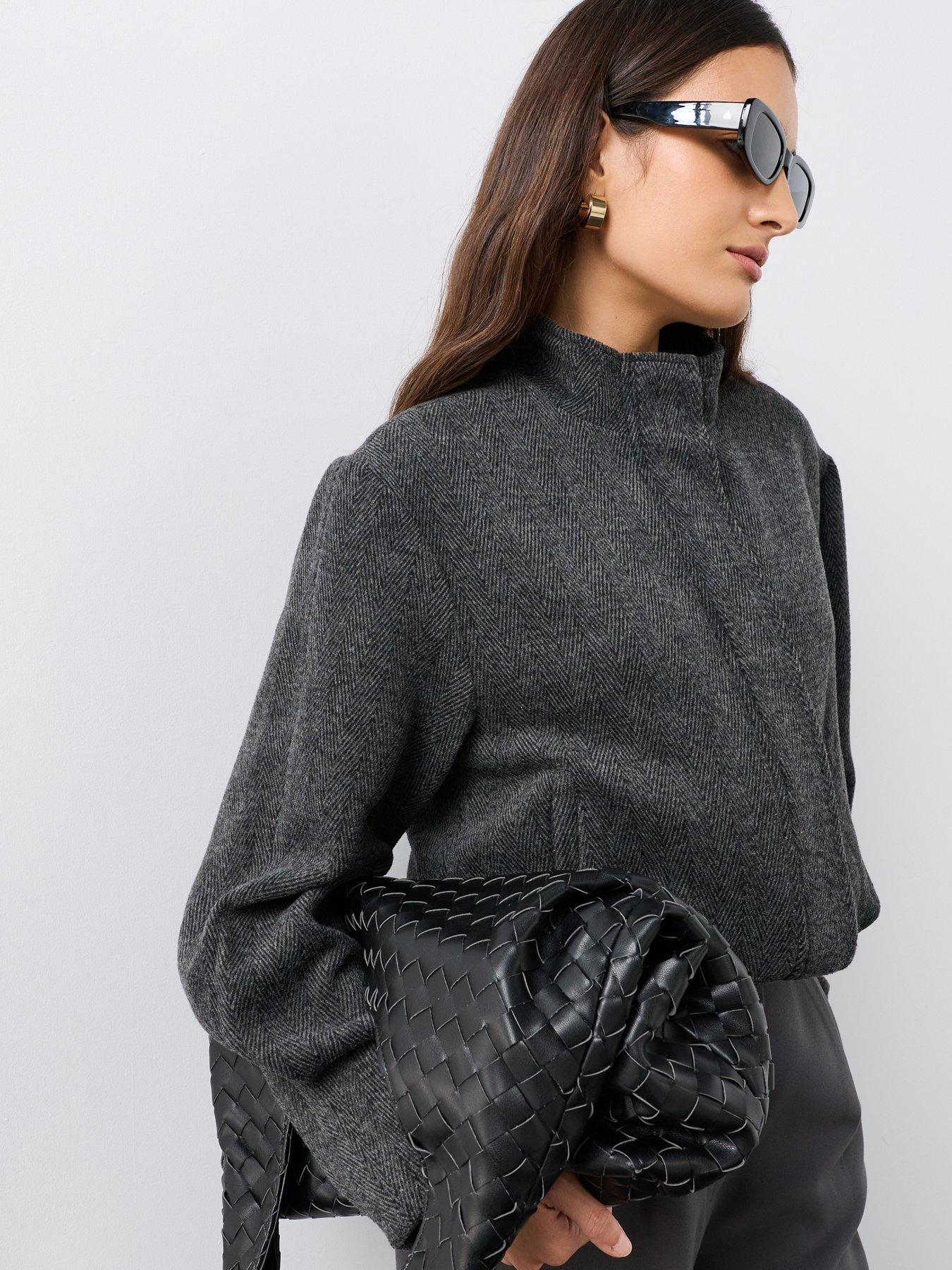 Image 6 of 7 of The Very Collection Herringbone Funnel Neck Bomber Jacket - Grey