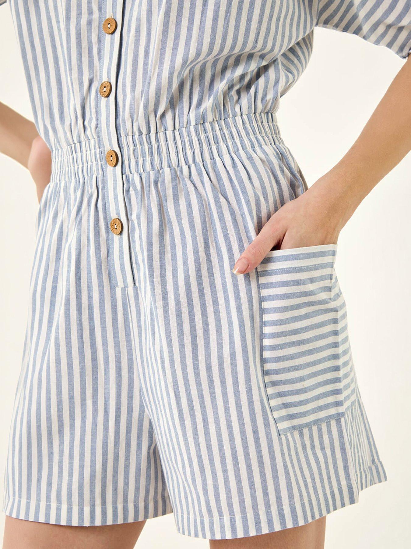 Image 2 of 5 of Roman Stripe Print Front Pocket Playsuit