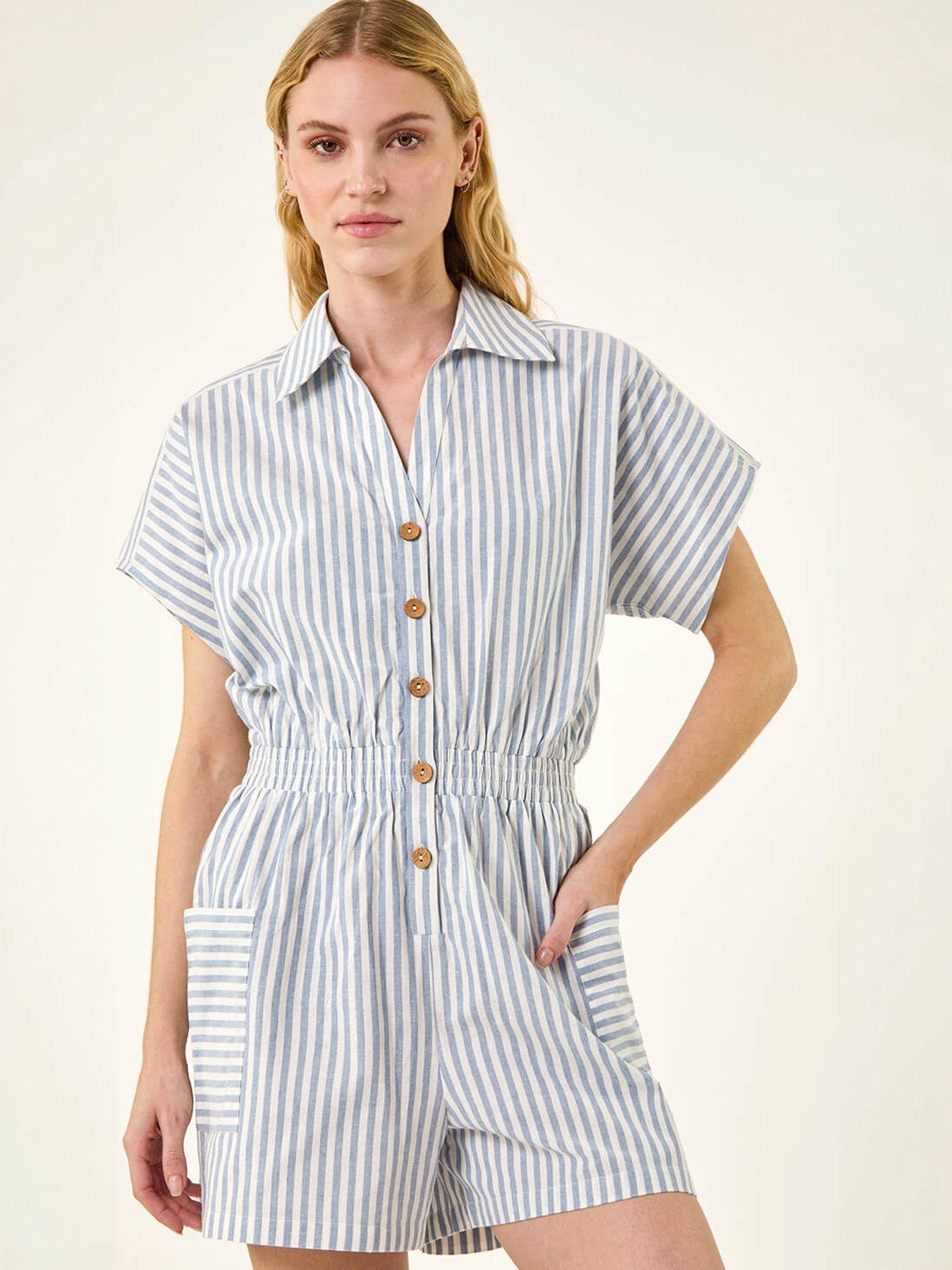 Image 5 of 5 of Roman Stripe Print Front Pocket Playsuit