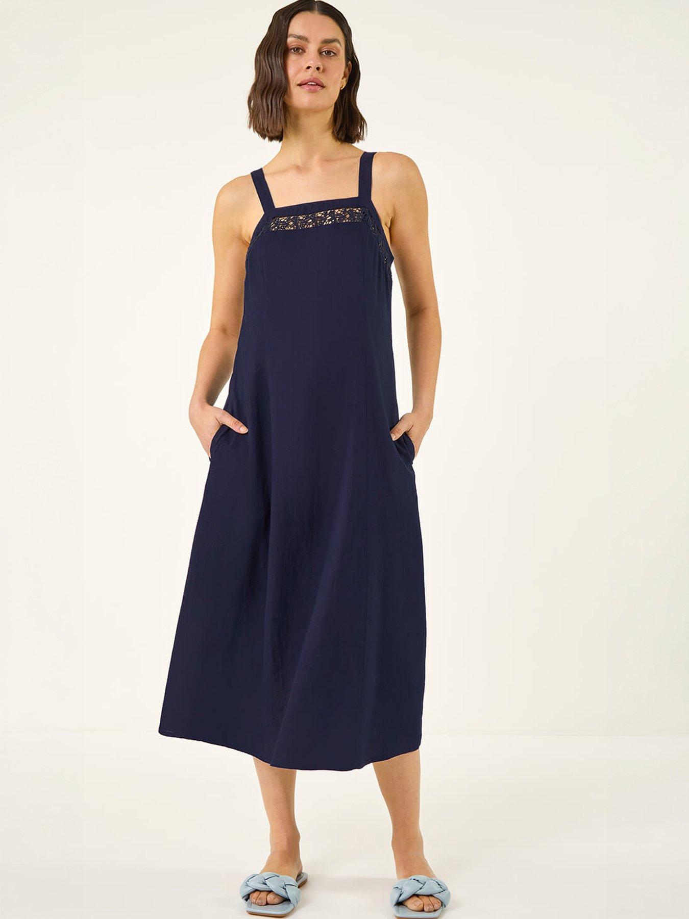 Roman Linen Blend Lace Trim Midi Dress