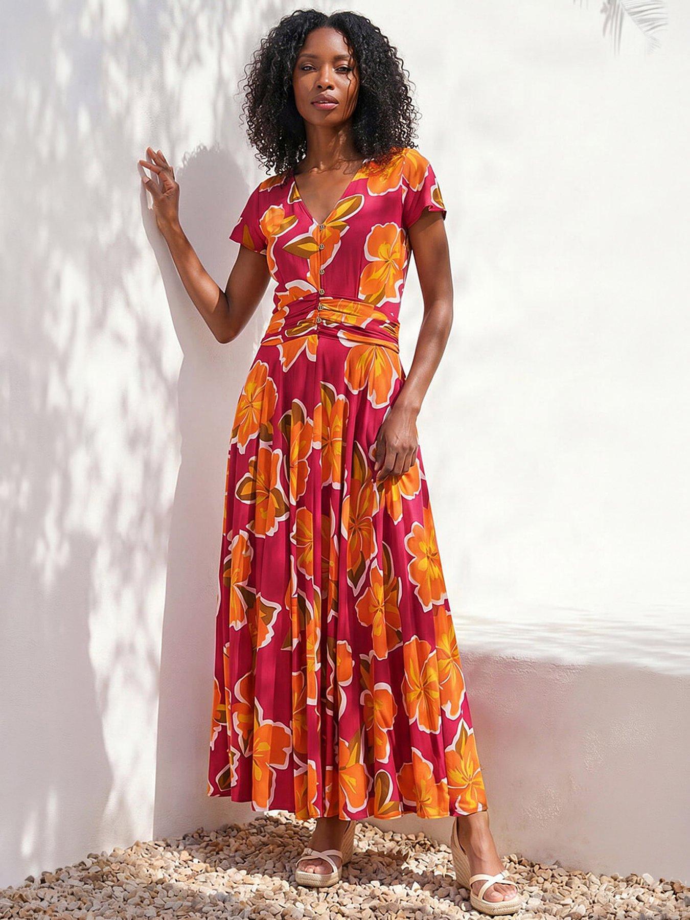 Roman Floral Print Ruched Midi Dress