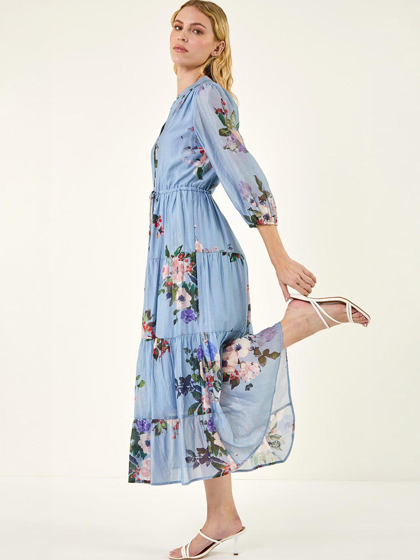 Image 1 of 5 of Roman Floral Print Button Tiered Midi Dress