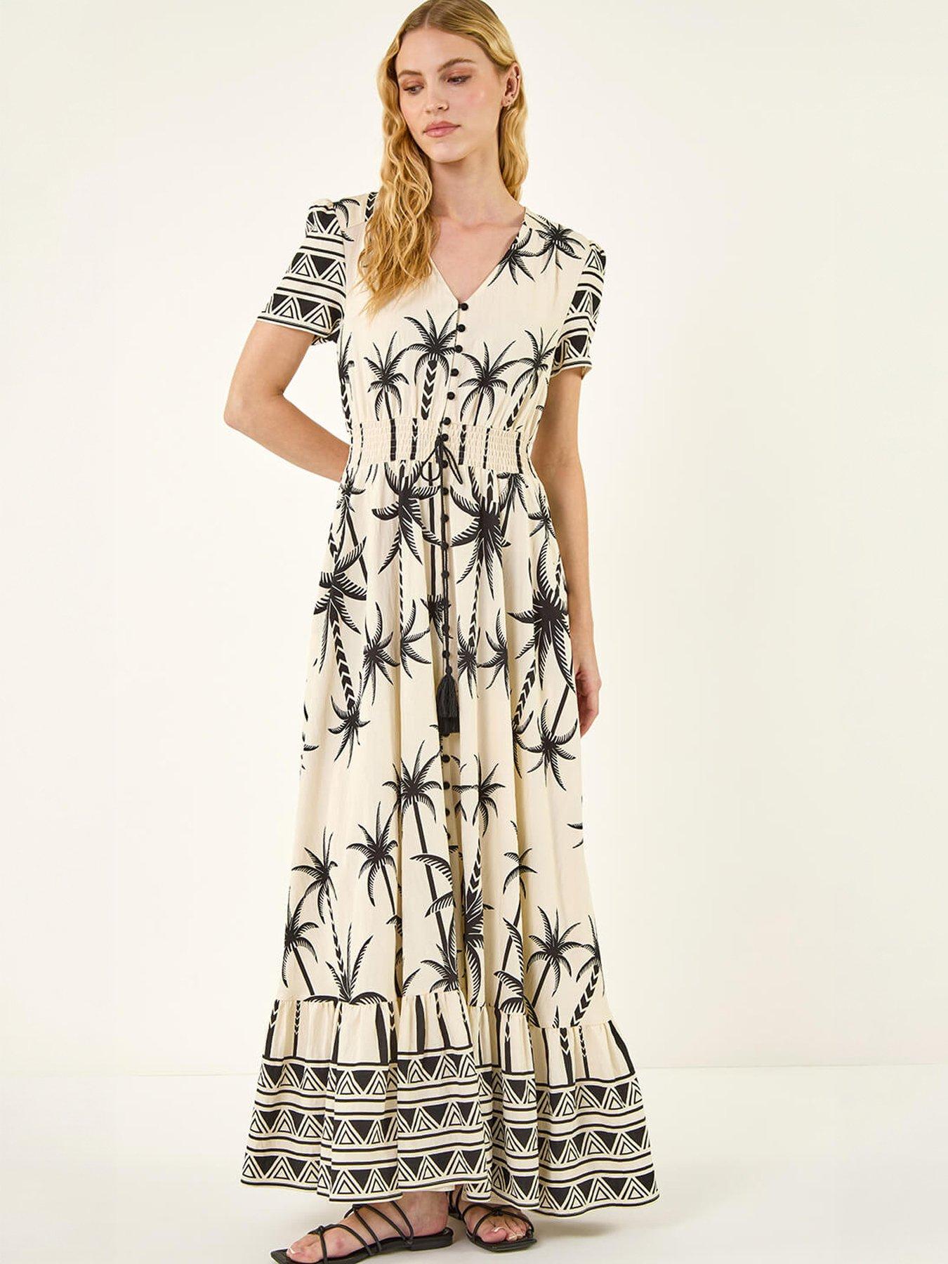 Roman Palm Print Button Tie Maxi Dress